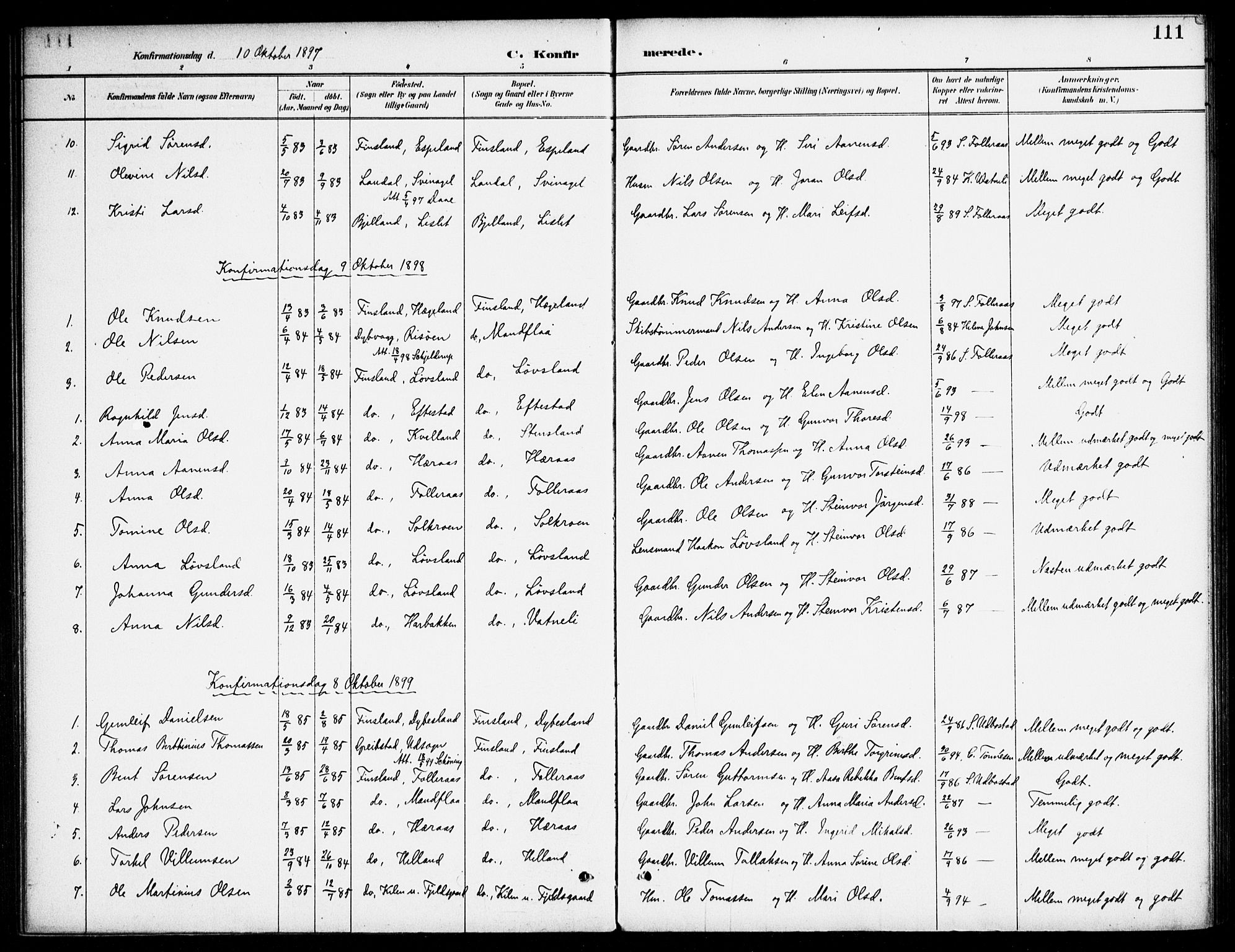 Bjelland sokneprestkontor, AV/SAK-1111-0005/F/Fa/Fab/L0004: Ministerialbok nr. A 4, 1887-1920, s. 111