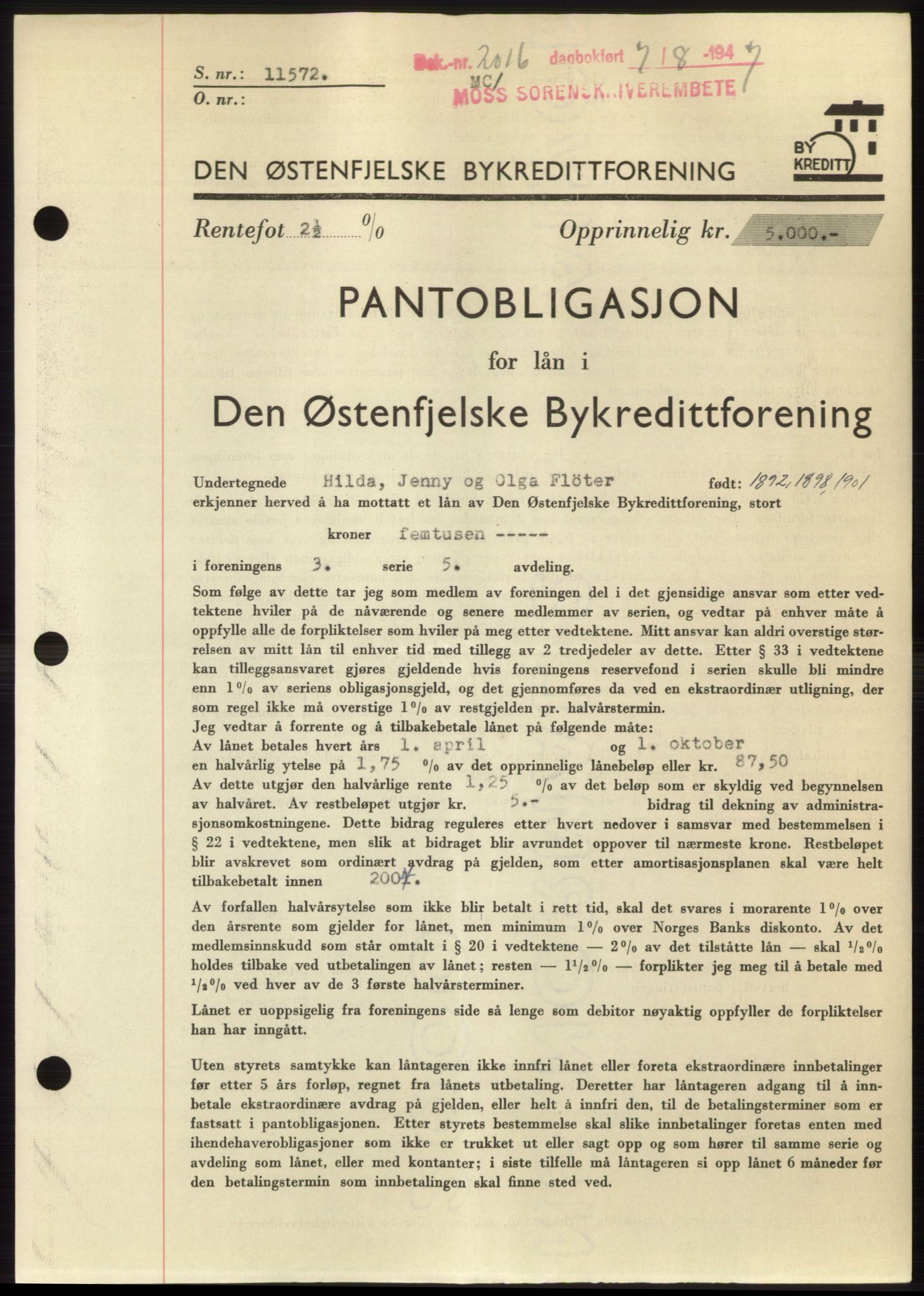 Moss sorenskriveri, SAO/A-10168: Pantebok nr. B17, 1947-1947, Dagboknr: 2016/1947
