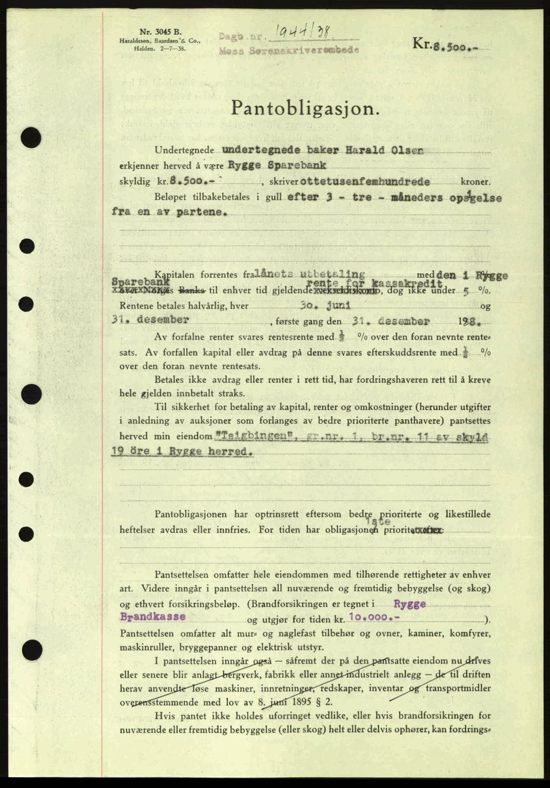 Moss sorenskriveri, SAO/A-10168: Pantebok nr. B6, 1938-1938, Dagboknr: 1944/1938