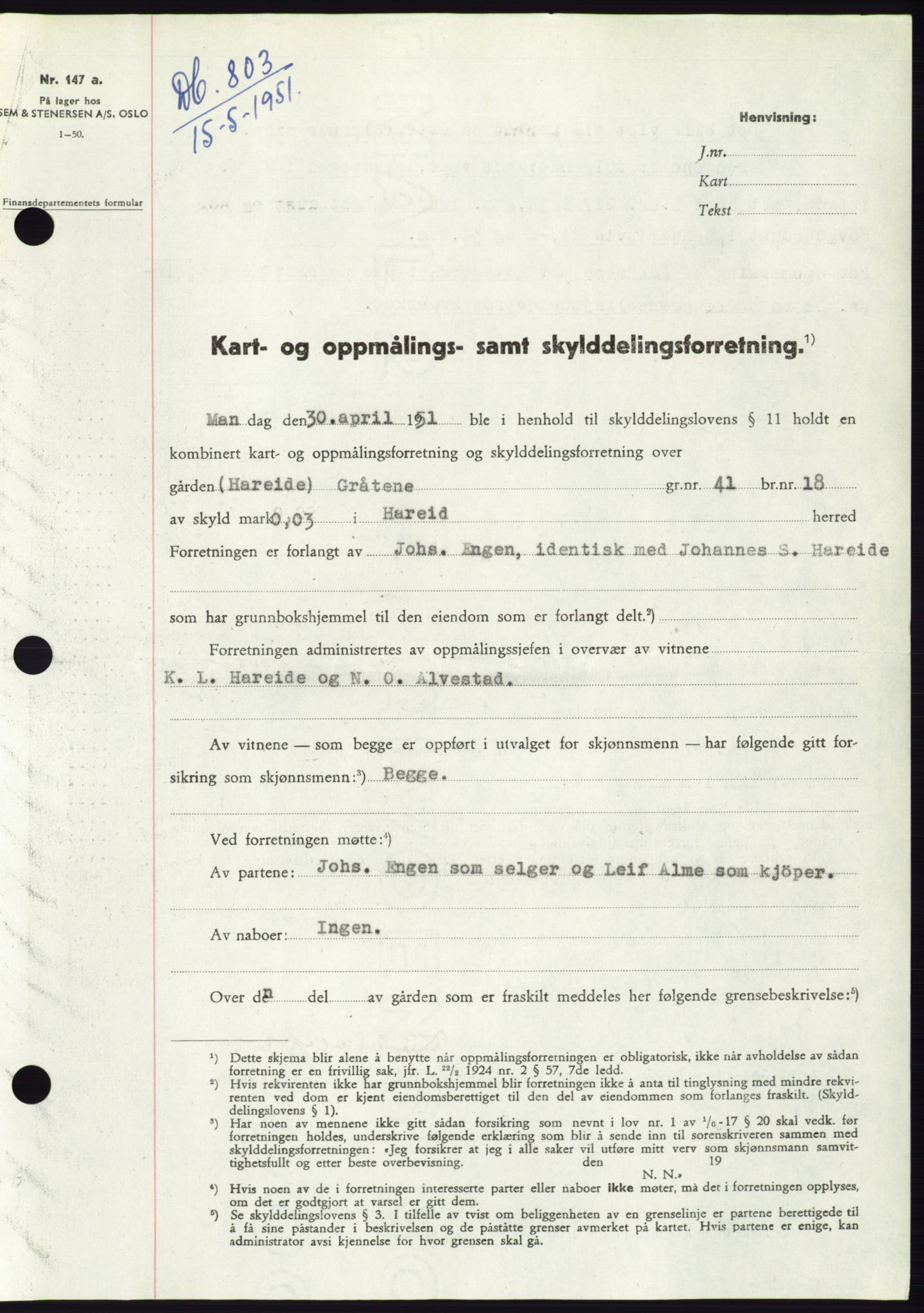Søre Sunnmøre sorenskriveri, SAT/A-4122/1/2/2C/L0089: Pantebok nr. 15A, 1951-1951, Dagboknr: 803/1951
