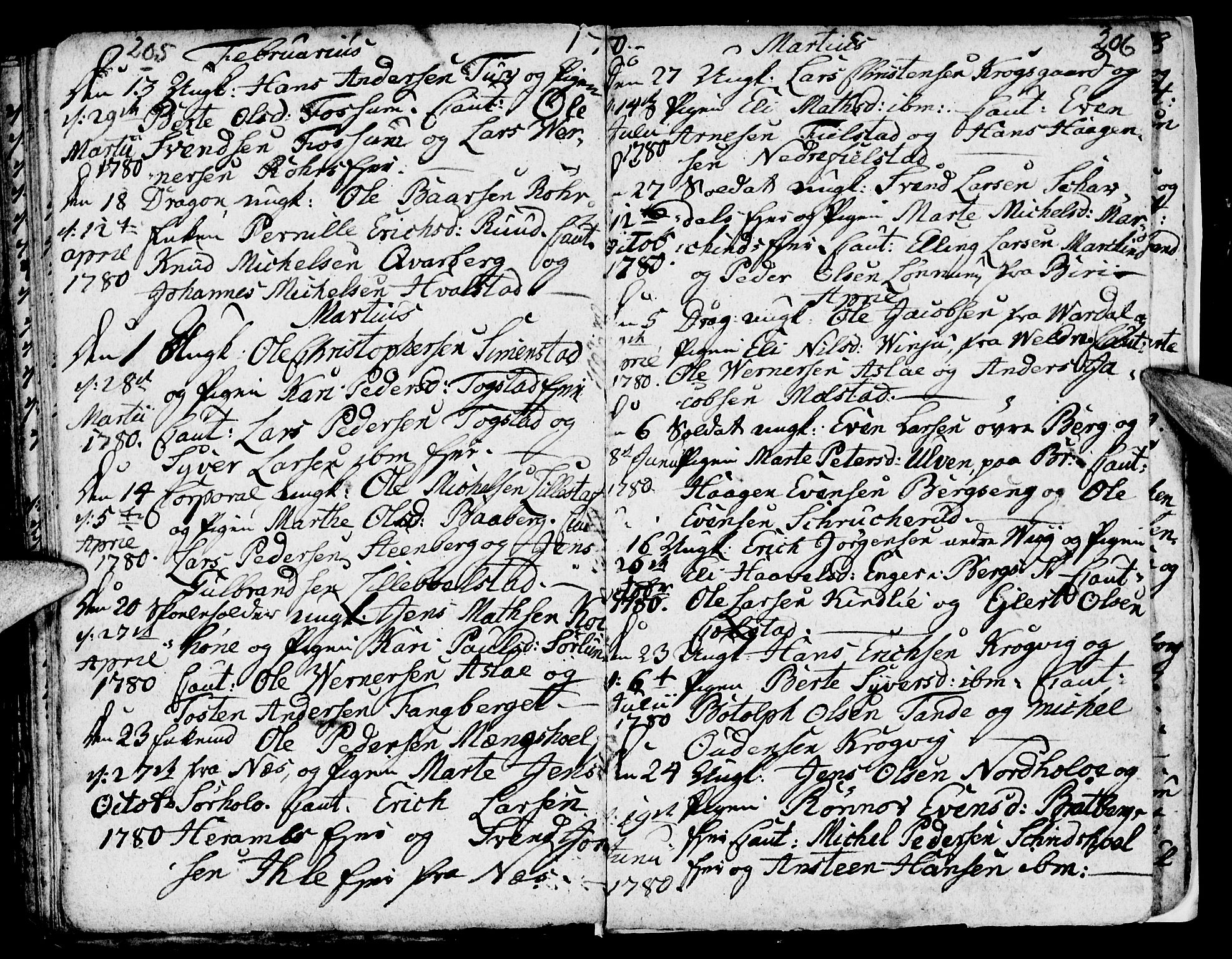Ringsaker prestekontor, AV/SAH-PREST-014/I/Ia/L0005/0003: Kladd til kirkebok nr. 5.3, 1780-1784, s. 205-206