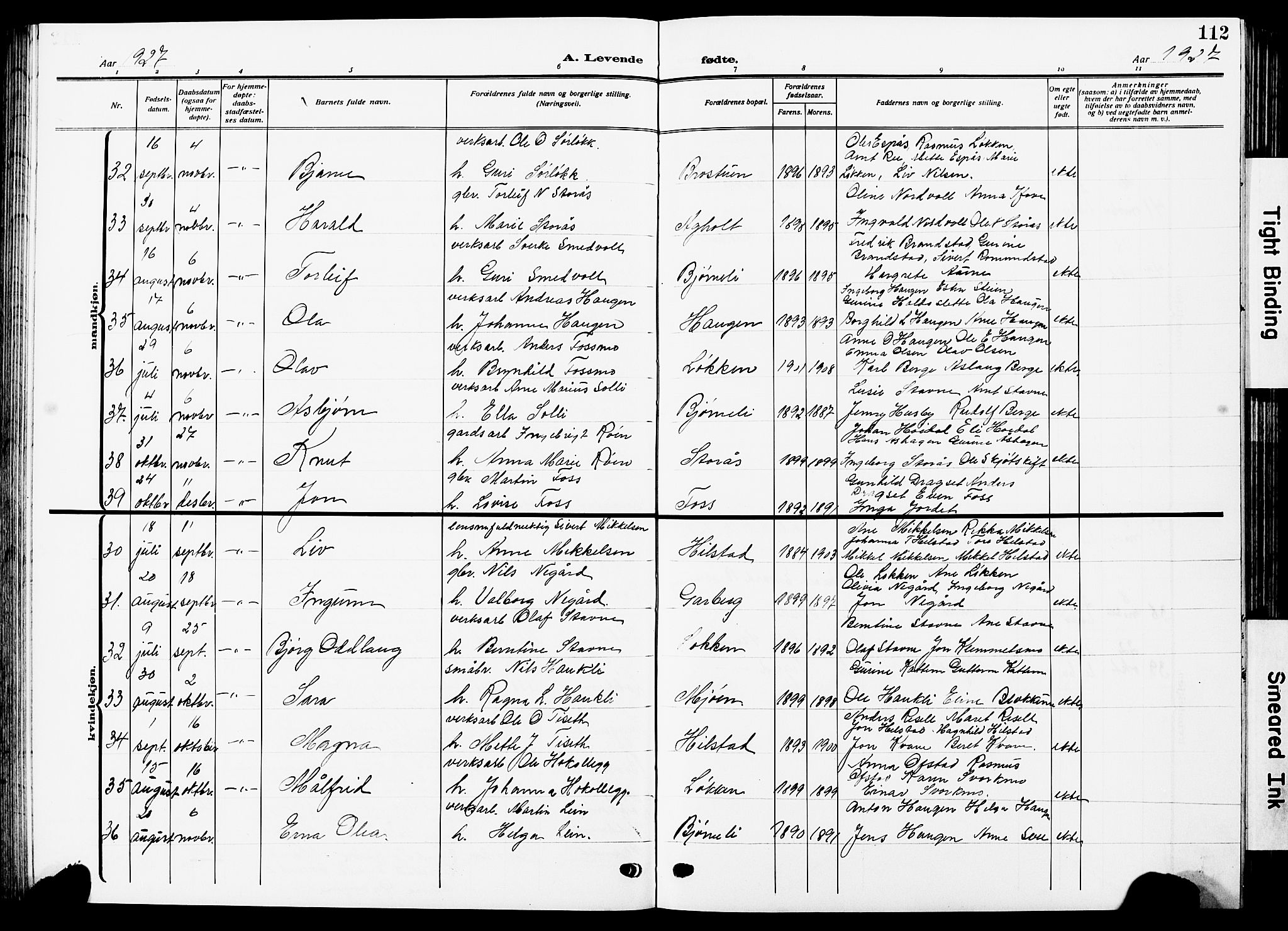 Ministerialprotokoller, klokkerbøker og fødselsregistre - Sør-Trøndelag, AV/SAT-A-1456/672/L0865: Klokkerbok nr. 672C04, 1914-1928, s. 112