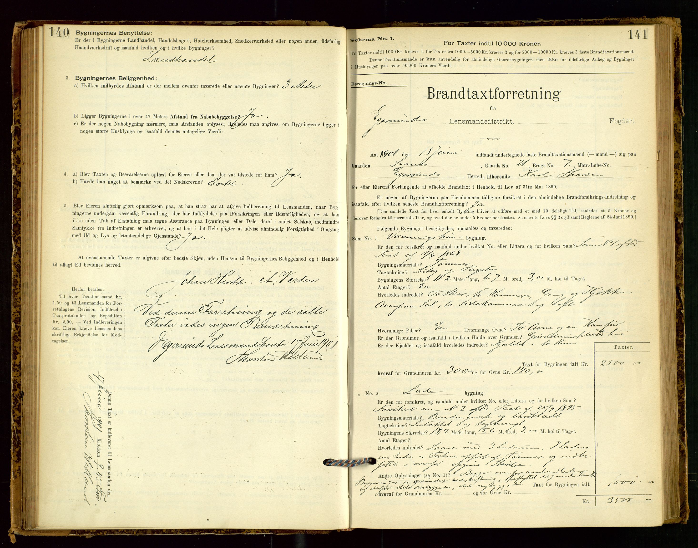 Eigersund lensmannskontor, AV/SAST-A-100171/Gob/L0001: Skjemaprotokoll, 1894-1909, s. 140-141