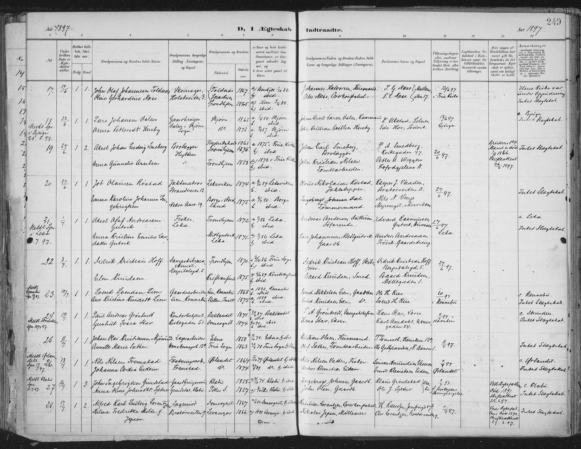Ministerialprotokoller, klokkerbøker og fødselsregistre - Sør-Trøndelag, SAT/A-1456/603/L0167: Ministerialbok nr. 603A06, 1896-1932, s. 249