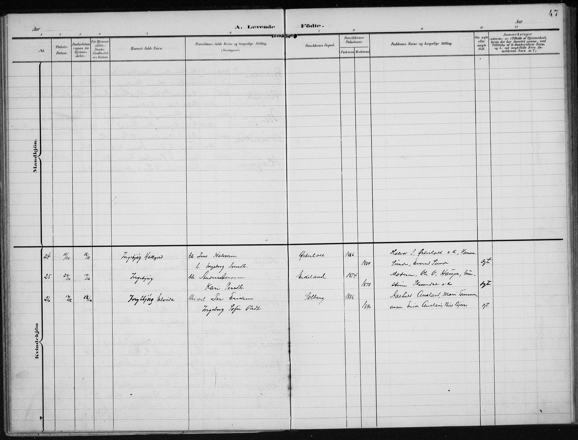 Gjerstad sokneprestkontor, AV/SAK-1111-0014/F/Fa/Faa/L0011: Ministerialbok nr. A 11, 1903-1914, s. 47