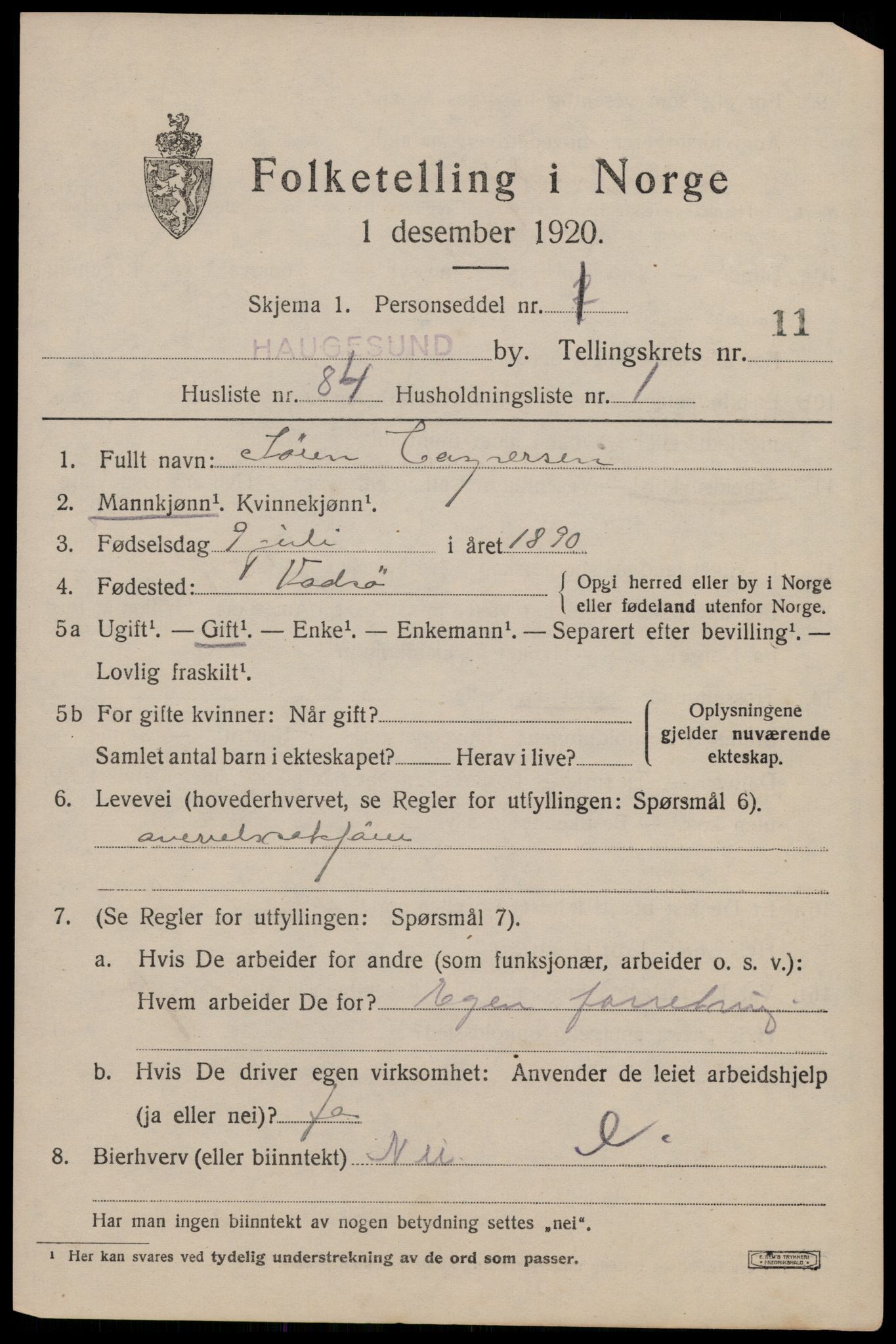 SAST, Folketelling 1920 for 1106 Haugesund kjøpstad, 1920, s. 37693