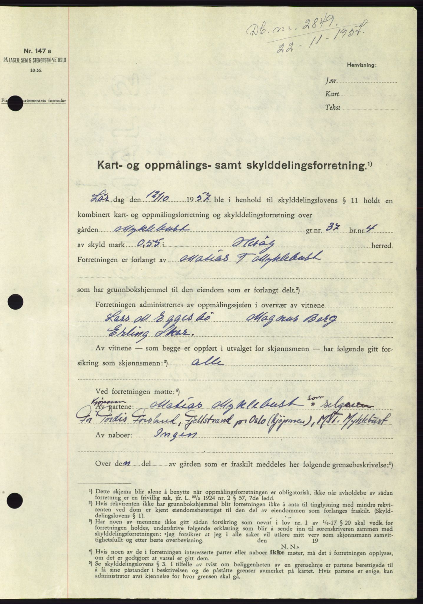 Søre Sunnmøre sorenskriveri, AV/SAT-A-4122/1/2/2C/L0108: Pantebok nr. 34A, 1957-1958, Dagboknr: 2849/1957