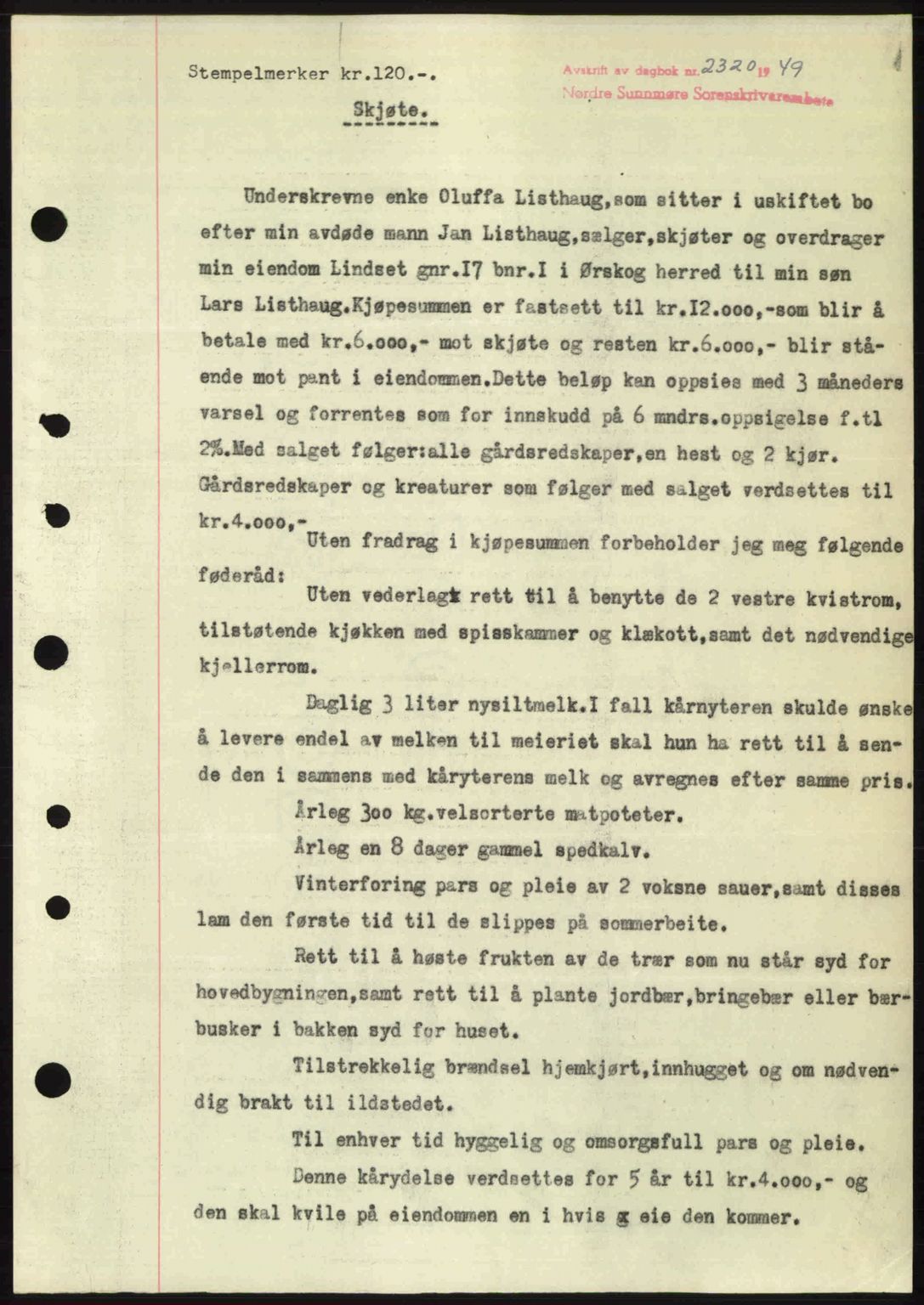 Nordre Sunnmøre sorenskriveri, AV/SAT-A-0006/1/2/2C/2Ca: Pantebok nr. A32, 1949-1949, Dagboknr: 2320/1949