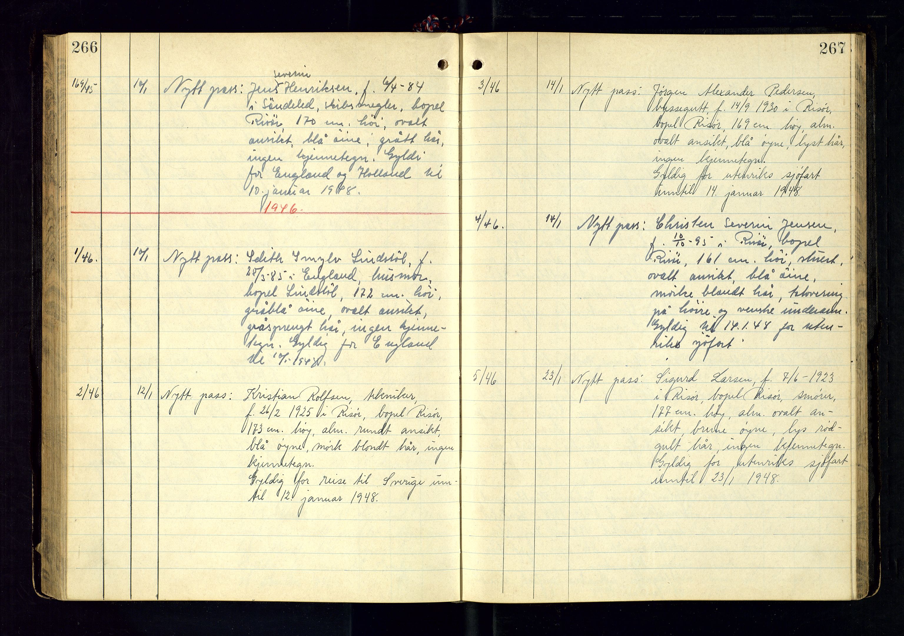 Risør politistasjon, SAK/1243-0006/K/Ka/L0001/0001: Passprotokoller / Passprotokoll, 1931-1946, s. 266-267