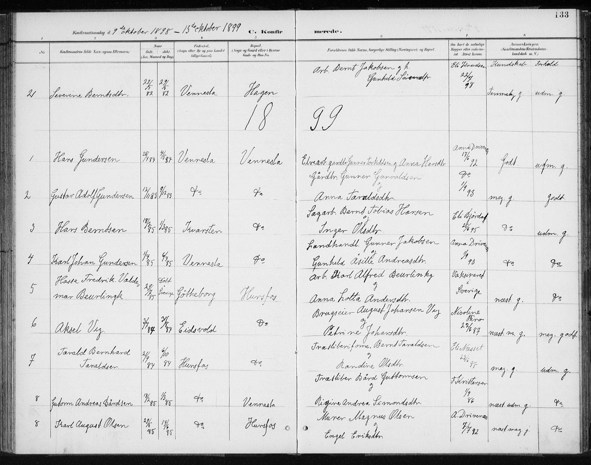 Vennesla sokneprestkontor, AV/SAK-1111-0045/Fa/Fab/L0005: Ministerialbok nr. A 5, 1897-1909, s. 133