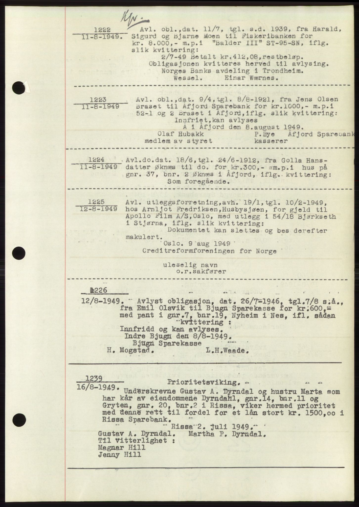 Fosen sorenskriveri, AV/SAT-A-1107/1/2/2C: Pantebok nr. B3, 1948-1950, Dagboknr: 1222/1949