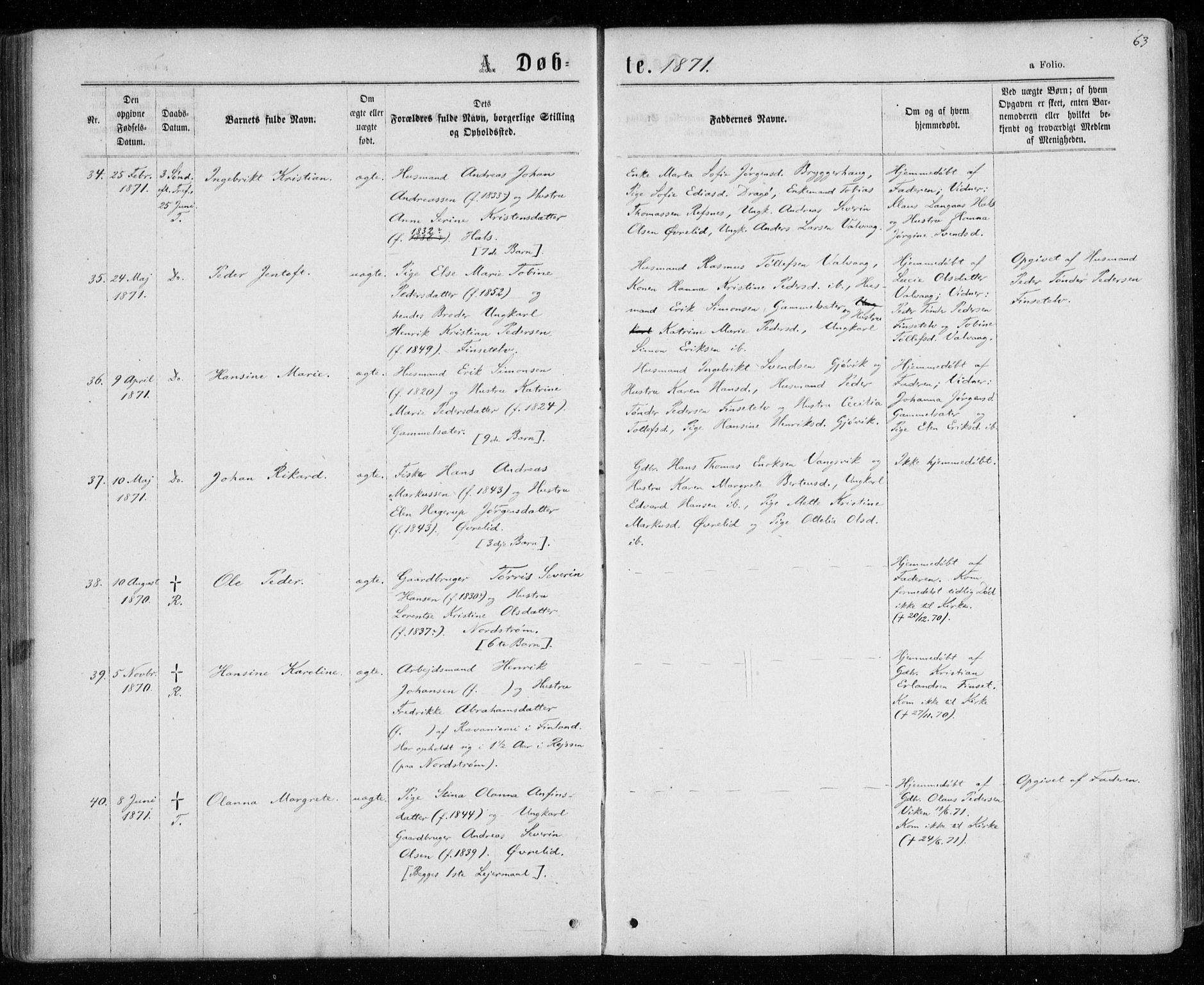 Tranøy sokneprestkontor, AV/SATØ-S-1313/I/Ia/Iaa/L0008kirke: Ministerialbok nr. 8, 1867-1877, s. 63