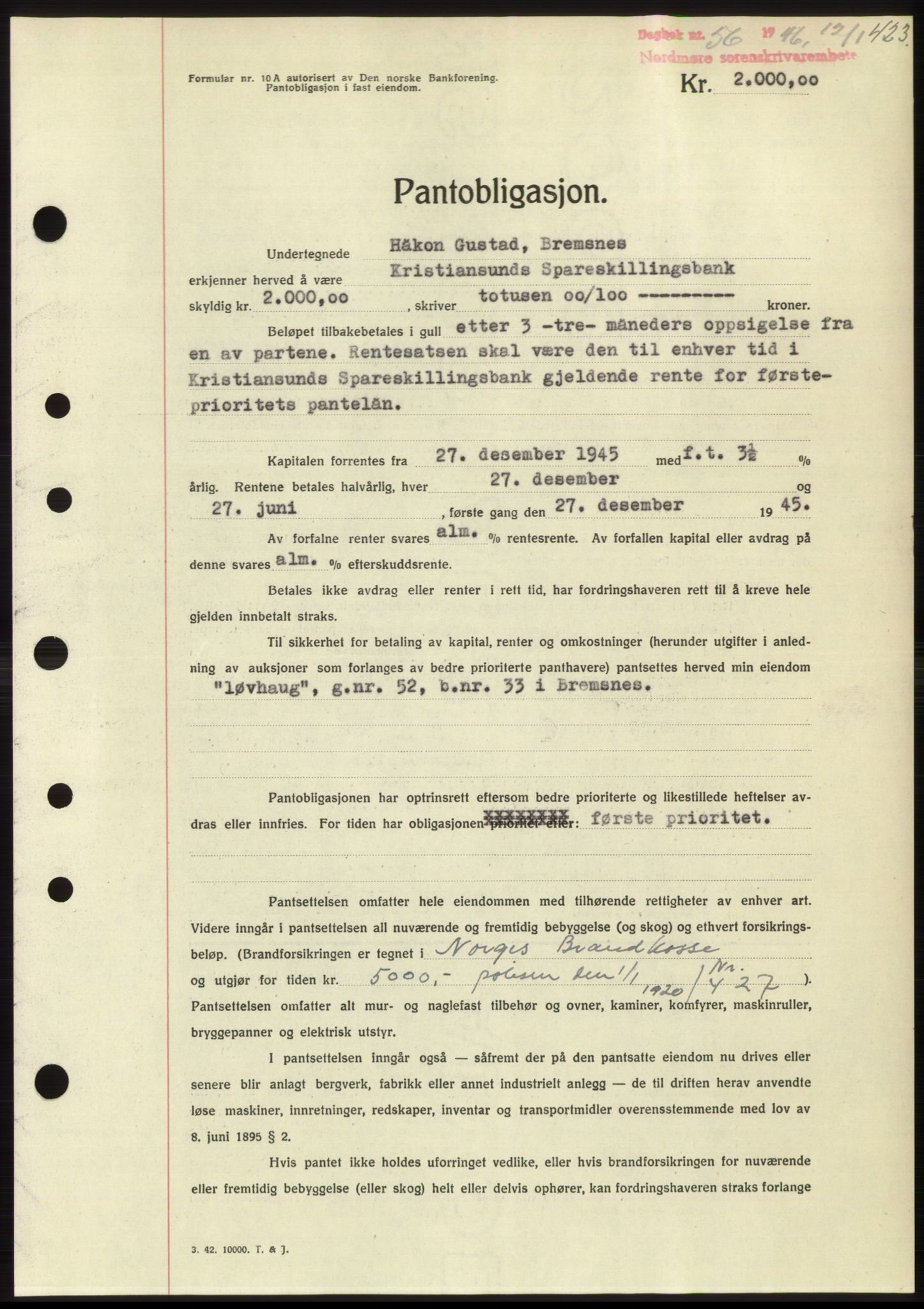 Nordmøre sorenskriveri, SAT/A-4132/1/2/2Ca: Pantebok nr. B93b, 1946-1946, Dagboknr: 56/1946