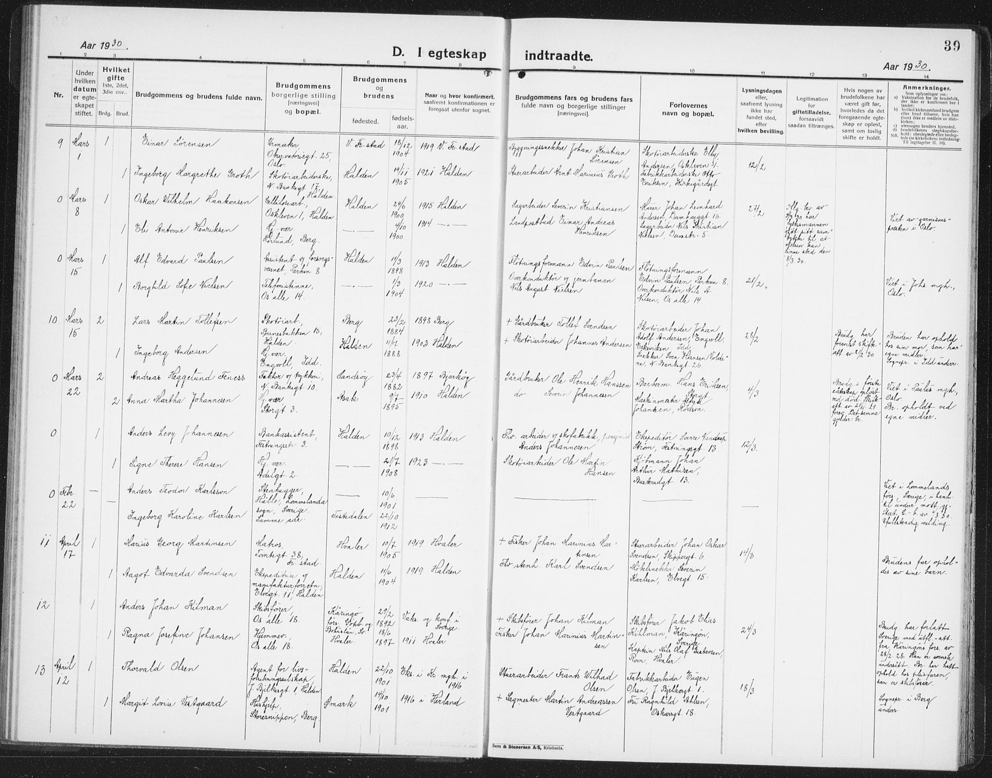 Halden prestekontor Kirkebøker, SAO/A-10909/G/Ga/L0014: Klokkerbok nr. 14, 1925-1943, s. 39