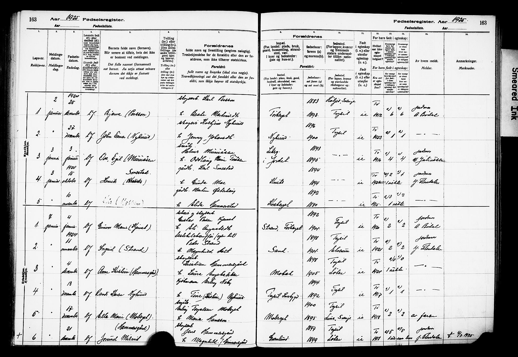 Trysil prestekontor, AV/SAH-PREST-046/I/Id/Ida/L0001: Fødselsregister nr. I 1, 1916-1927, s. 163