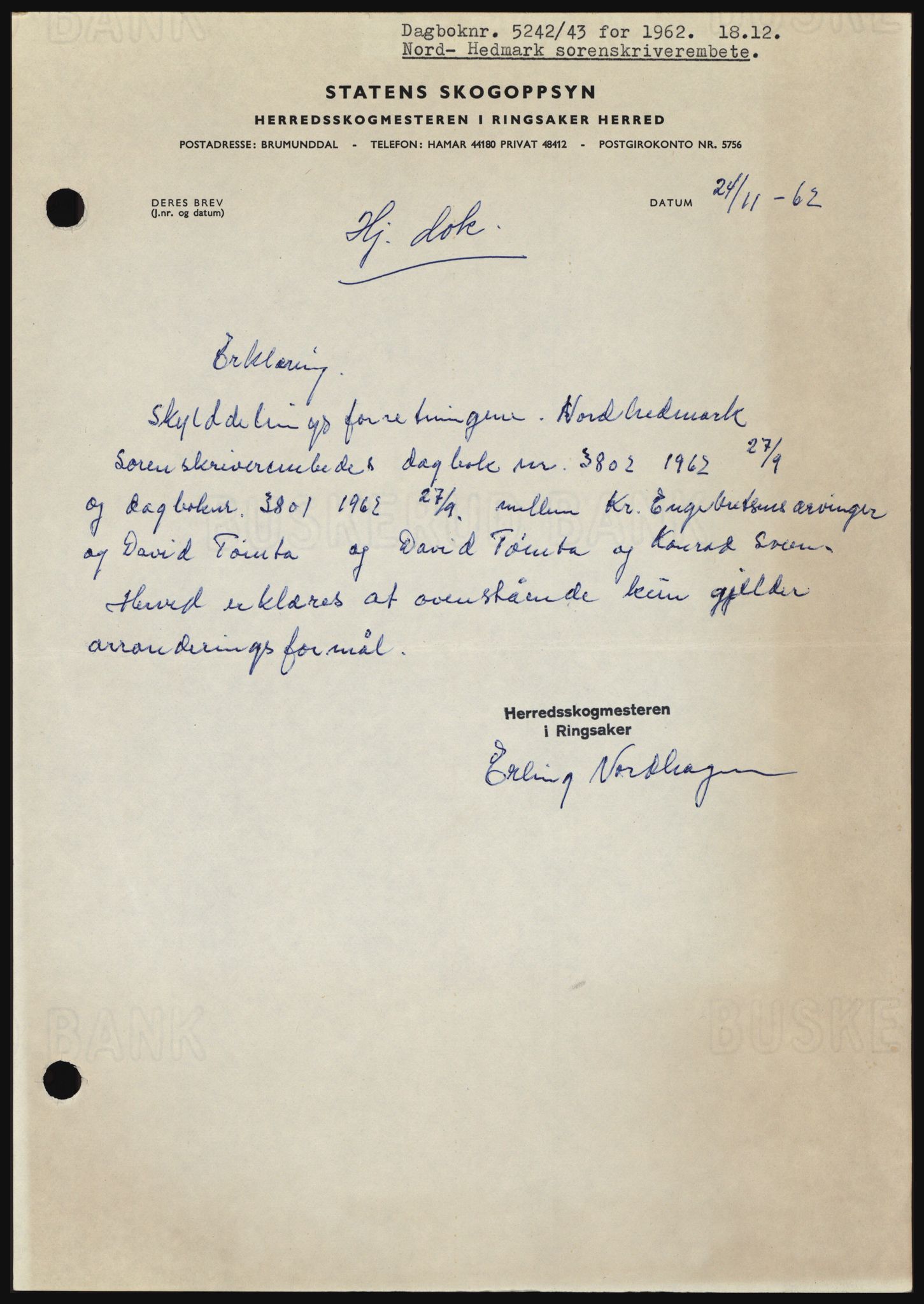 Nord-Hedmark sorenskriveri, SAH/TING-012/H/Hc/L0017: Pantebok nr. 17, 1962-1963, Dagboknr: 5242/1962