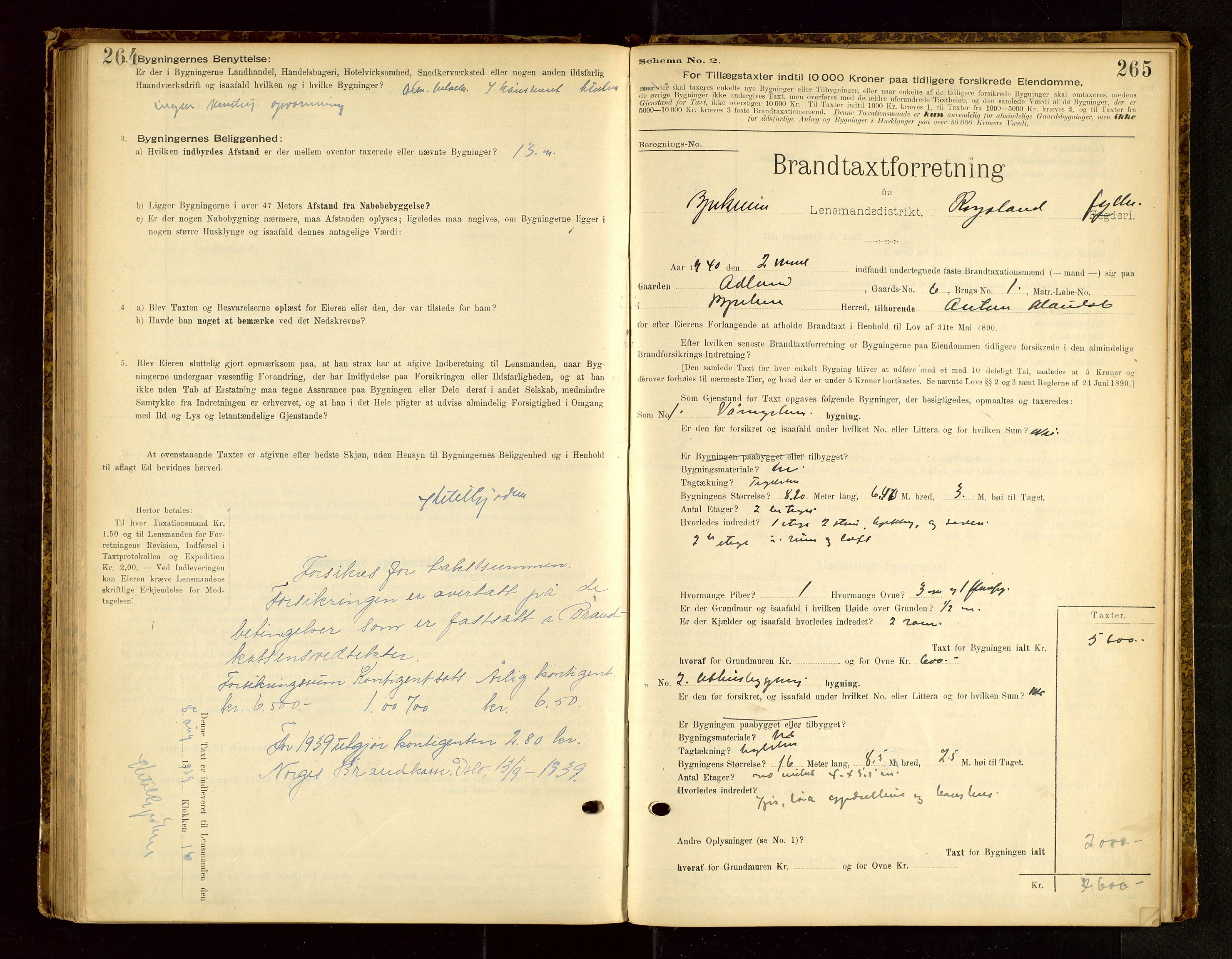 Bjerkreim lensmannskontor, SAST/A-100090/Gob/L0001: "Brandtaxationsprotokol", 1895-1950, s. 264-265