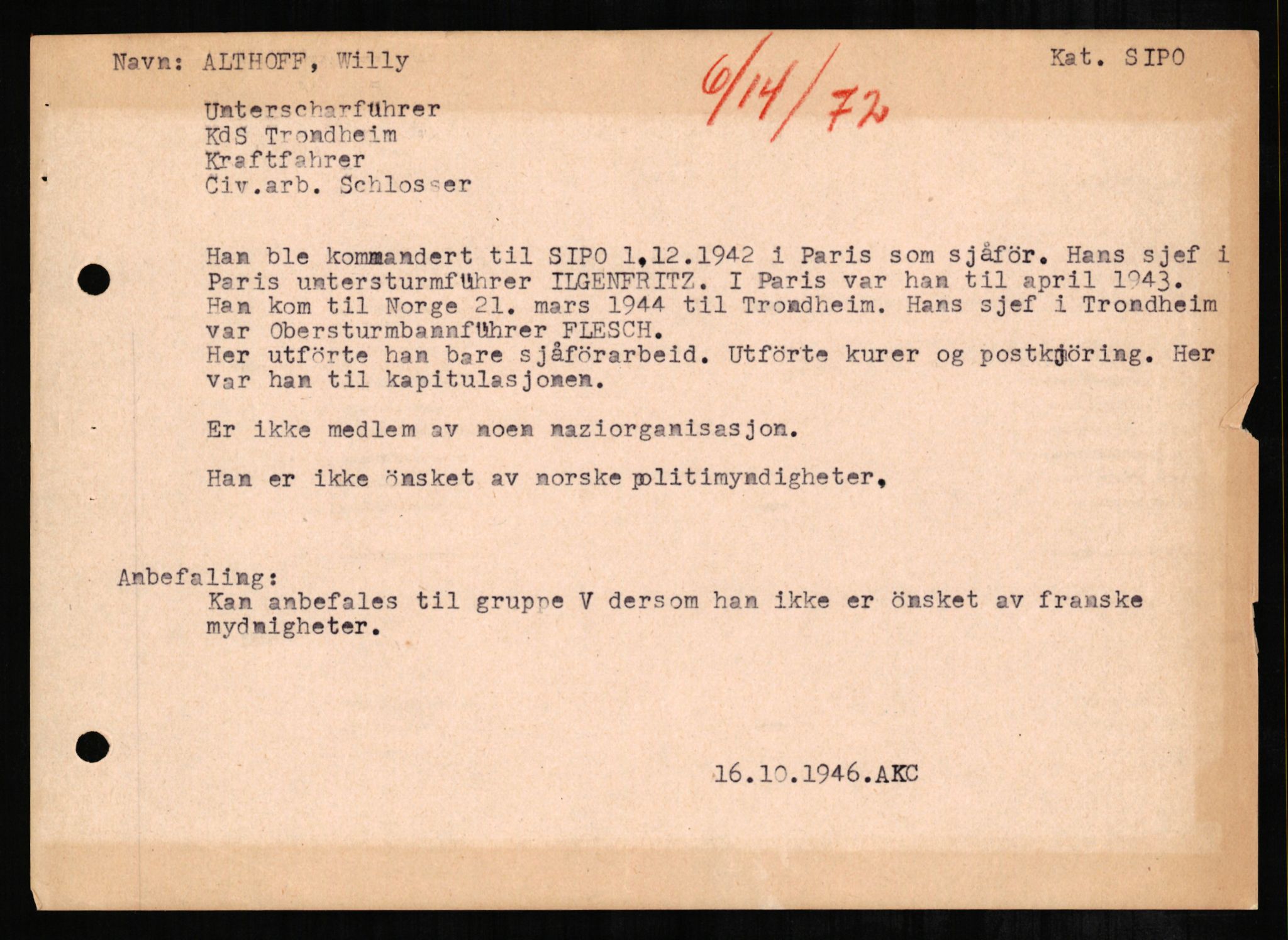 Forsvaret, Forsvarets overkommando II, RA/RAFA-3915/D/Db/L0001: CI Questionaires. Tyske okkupasjonsstyrker i Norge. Tyskere., 1945-1946, s. 164