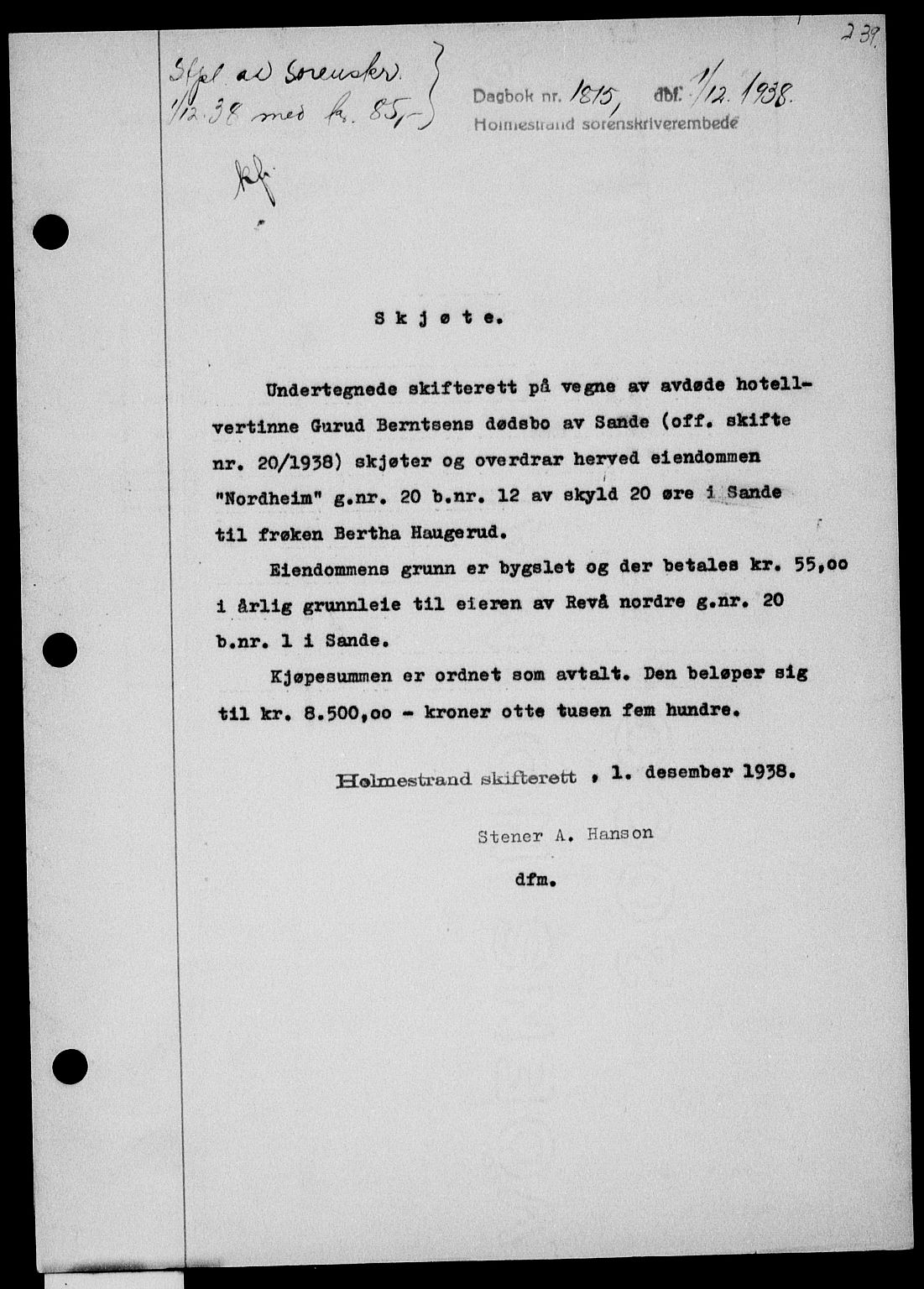 Holmestrand sorenskriveri, SAKO/A-67/G/Ga/Gaa/L0050: Pantebok nr. A-50, 1938-1939, Dagboknr: 1815/1938
