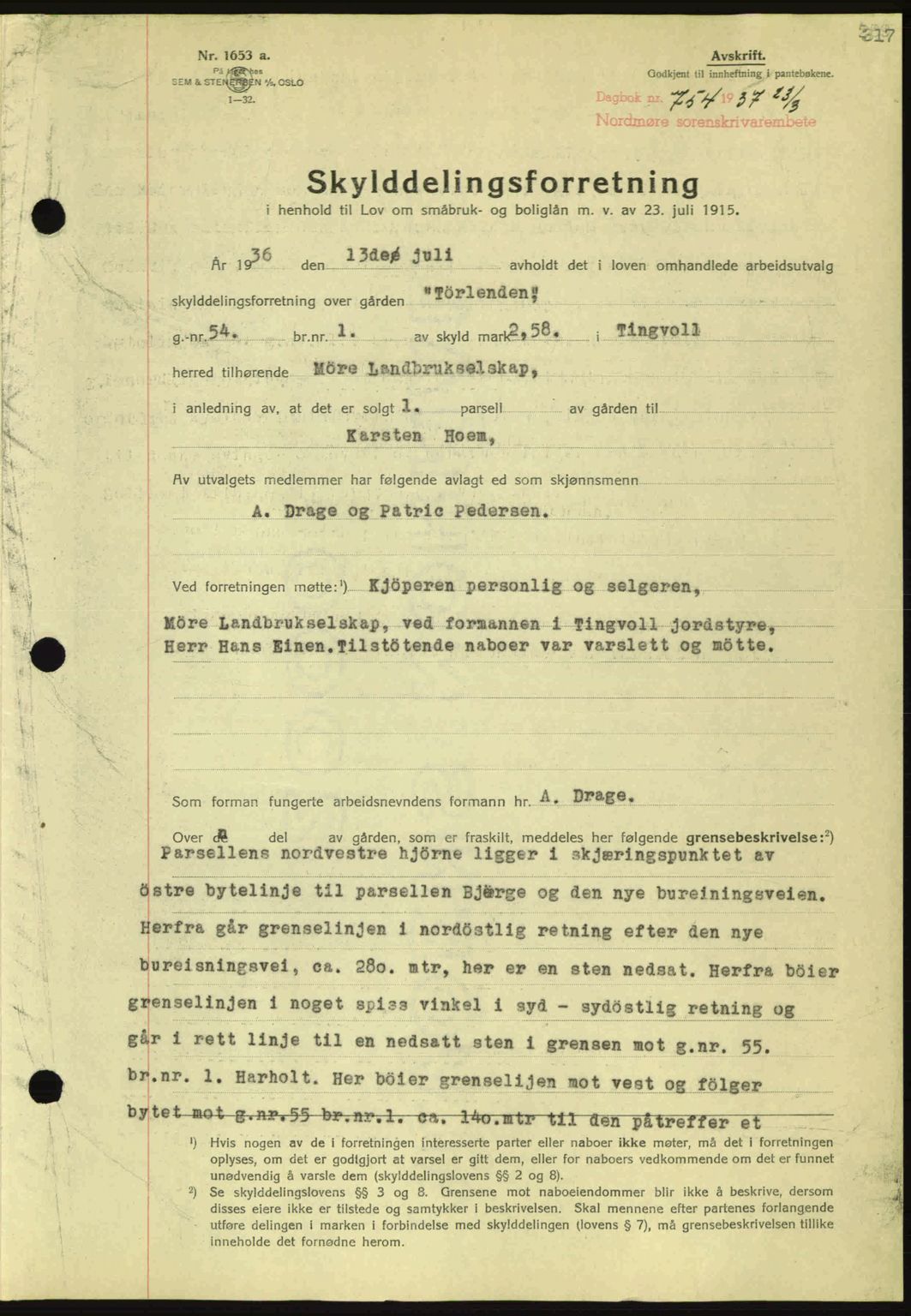 Nordmøre sorenskriveri, SAT/A-4132/1/2/2Ca: Pantebok nr. A81, 1937-1937, Dagboknr: 754/1937