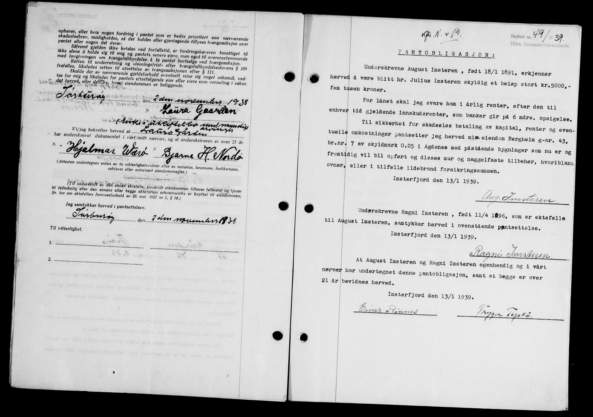 Hitra sorenskriveri, AV/SAT-A-0018/2/2C/2Ca/L0028: Pantebok nr. B-1, 1936-1939, Dagboknr: 49/1939