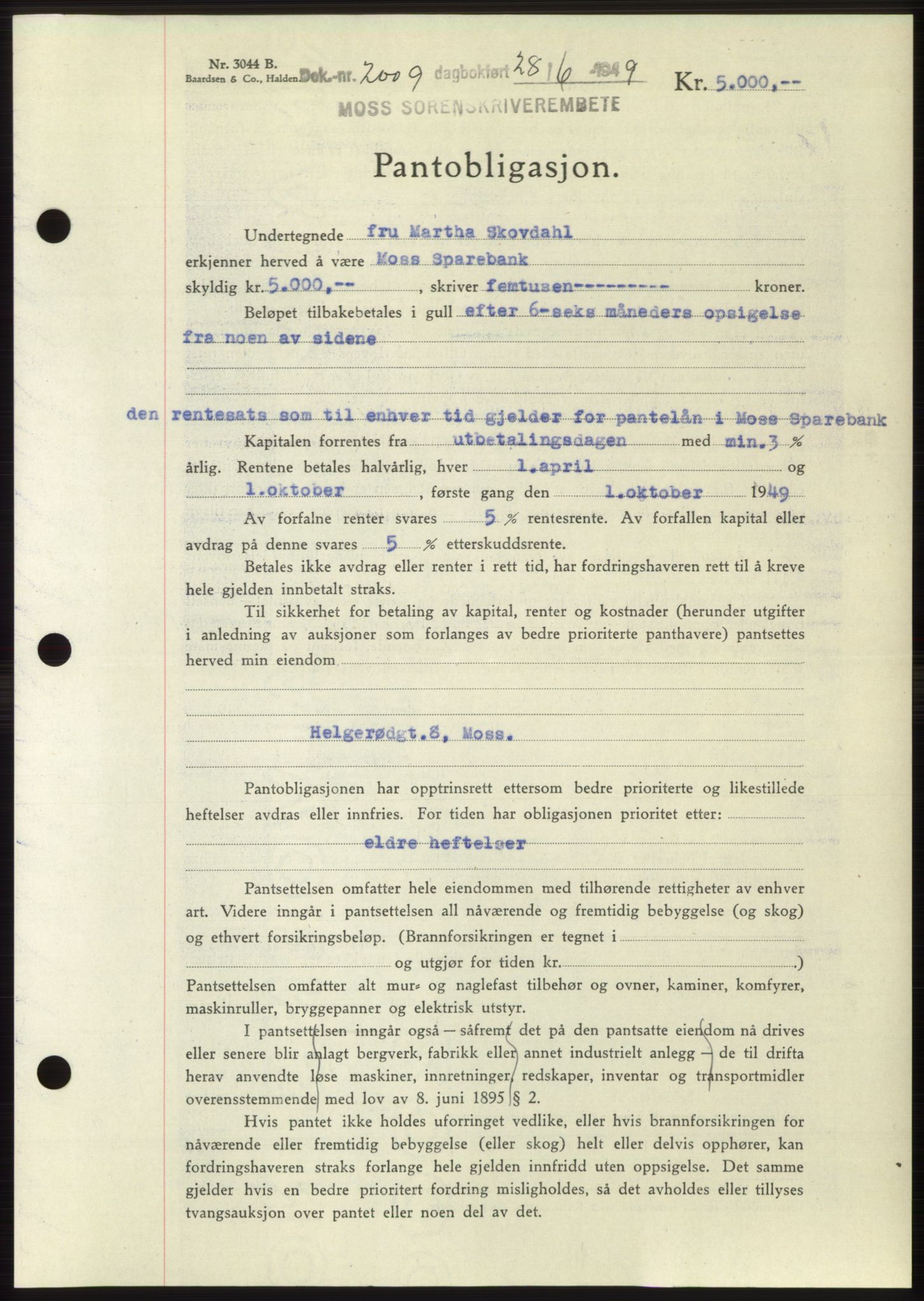 Moss sorenskriveri, SAO/A-10168: Pantebok nr. B22, 1949-1949, Dagboknr: 2009/1949