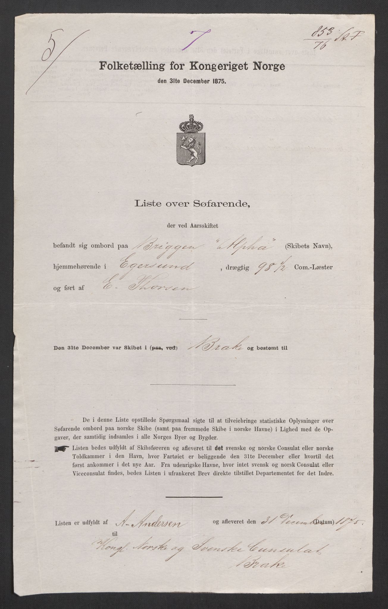 RA, Folketelling 1875, skipslister: Skip i utenrikske havner, hjemmehørende i 1) byer og ladesteder, Grimstad - Tromsø, 2) landdistrikter, 1875, s. 410