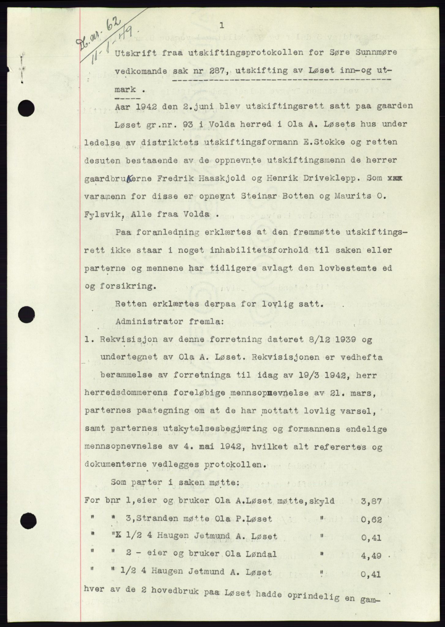 Søre Sunnmøre sorenskriveri, AV/SAT-A-4122/1/2/2C/L0083: Pantebok nr. 9A, 1948-1949, Dagboknr: 62/1949