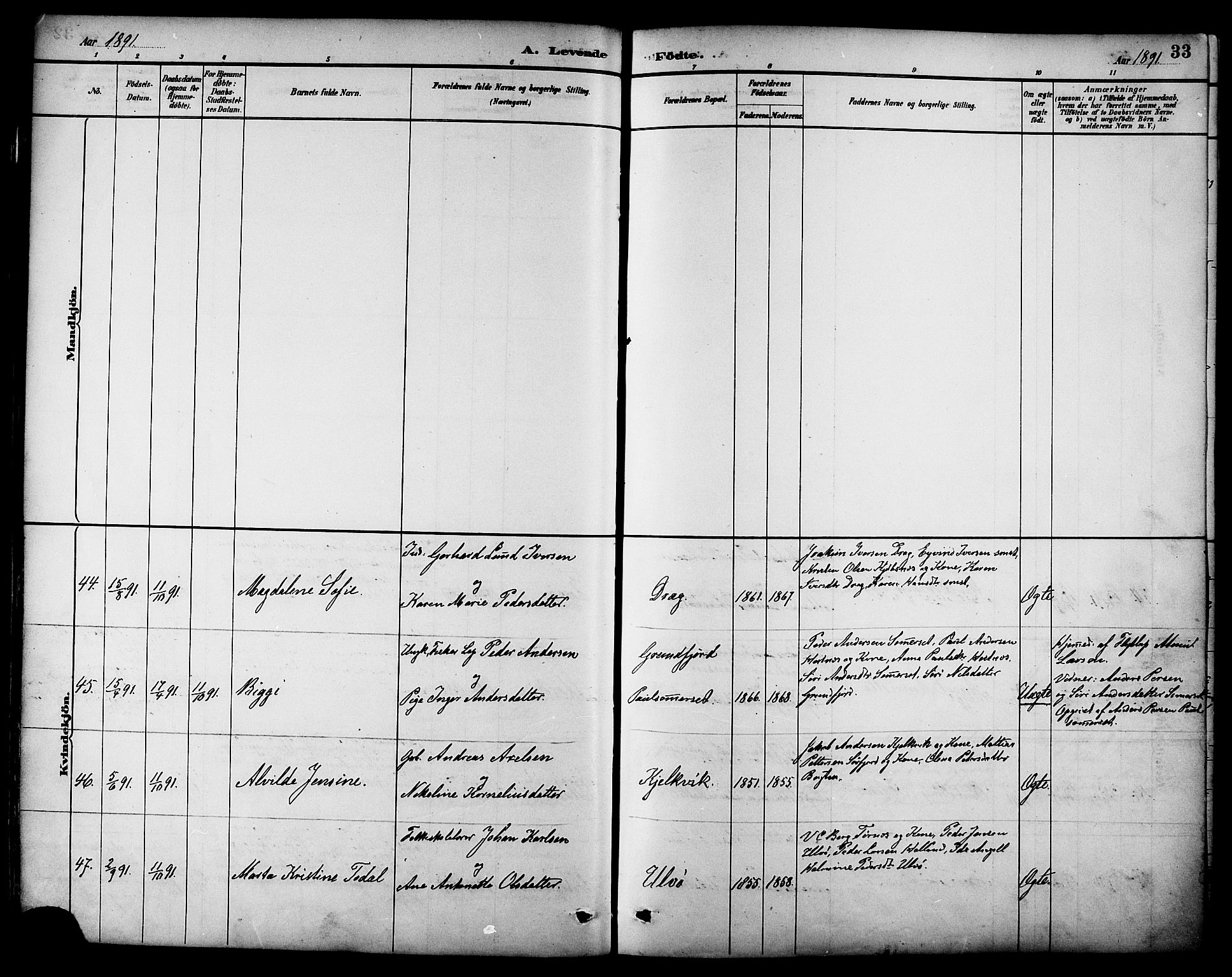 Ministerialprotokoller, klokkerbøker og fødselsregistre - Nordland, AV/SAT-A-1459/861/L0869: Ministerialbok nr. 861A04, 1889-1903, s. 33