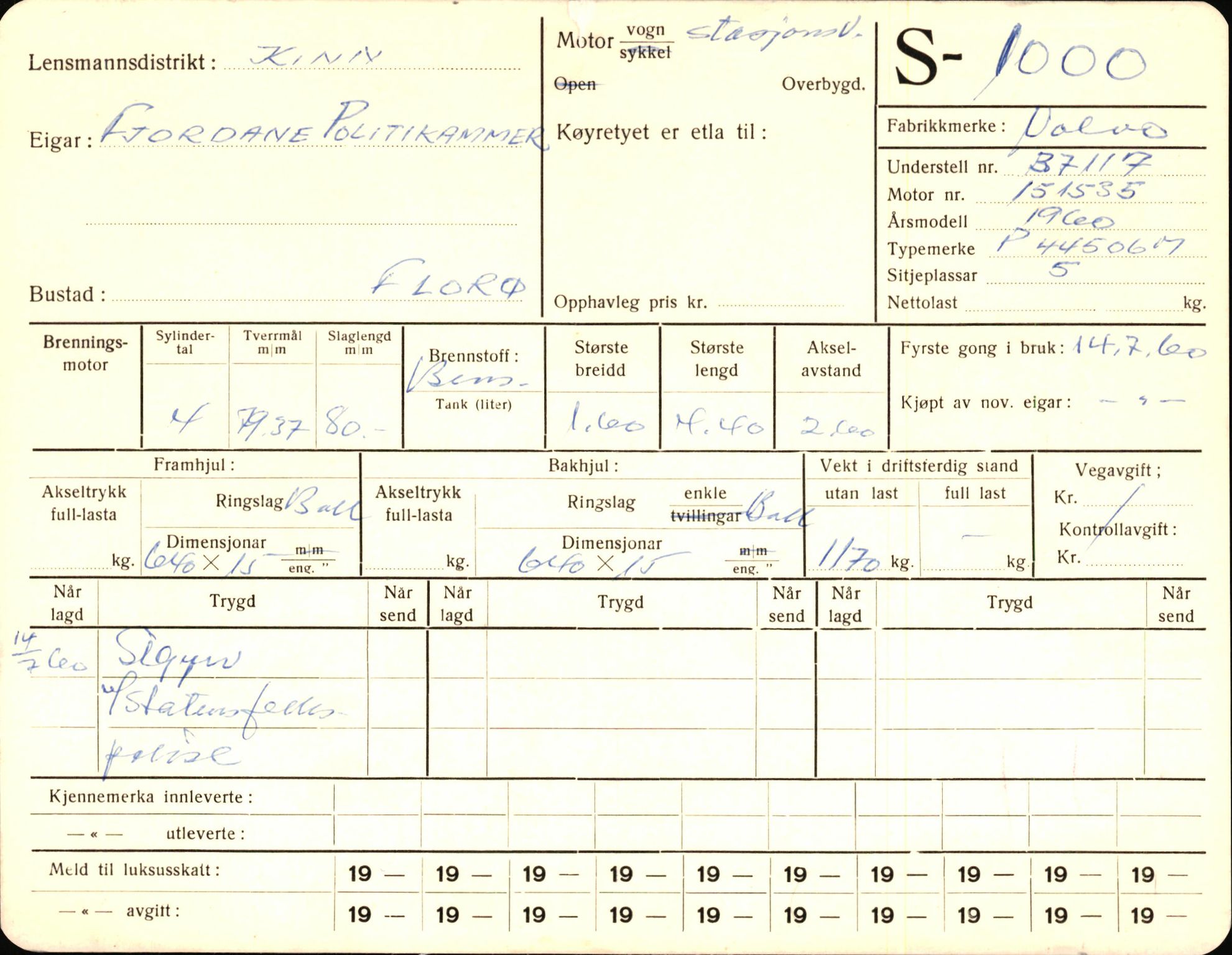 Statens vegvesen, Sogn og Fjordane vegkontor, SAB/A-5301/4/F/L0003: Registerkort utmeldte Fjordane S1000-2499, 1930-1961, s. 1