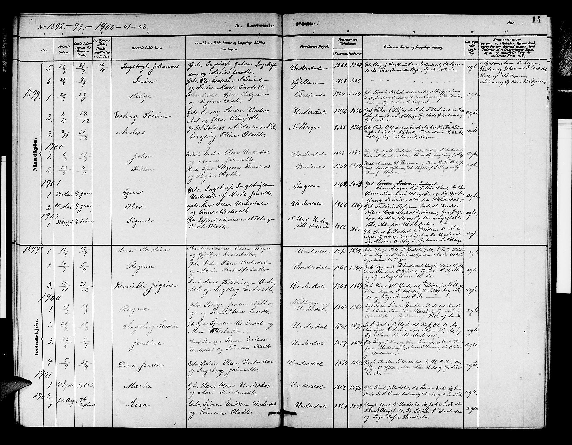 Aurland sokneprestembete, SAB/A-99937/H/Hb/Hbd/L0002: Klokkerbok nr. D 2, 1883-1920, s. 14