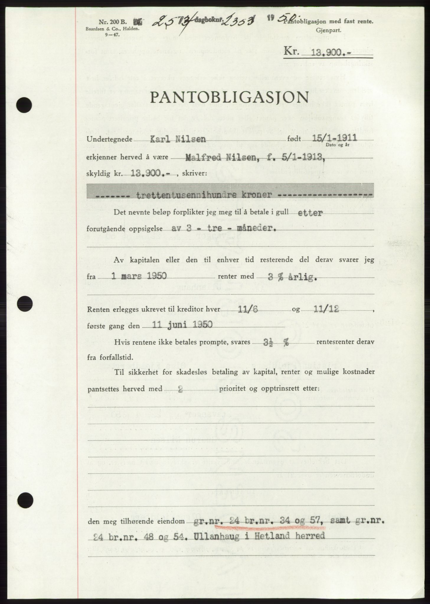 Jæren sorenskriveri, SAST/A-100310/03/G/Gba/L0107: Pantebok, 1950-1950, Dagboknr: 2353/1950