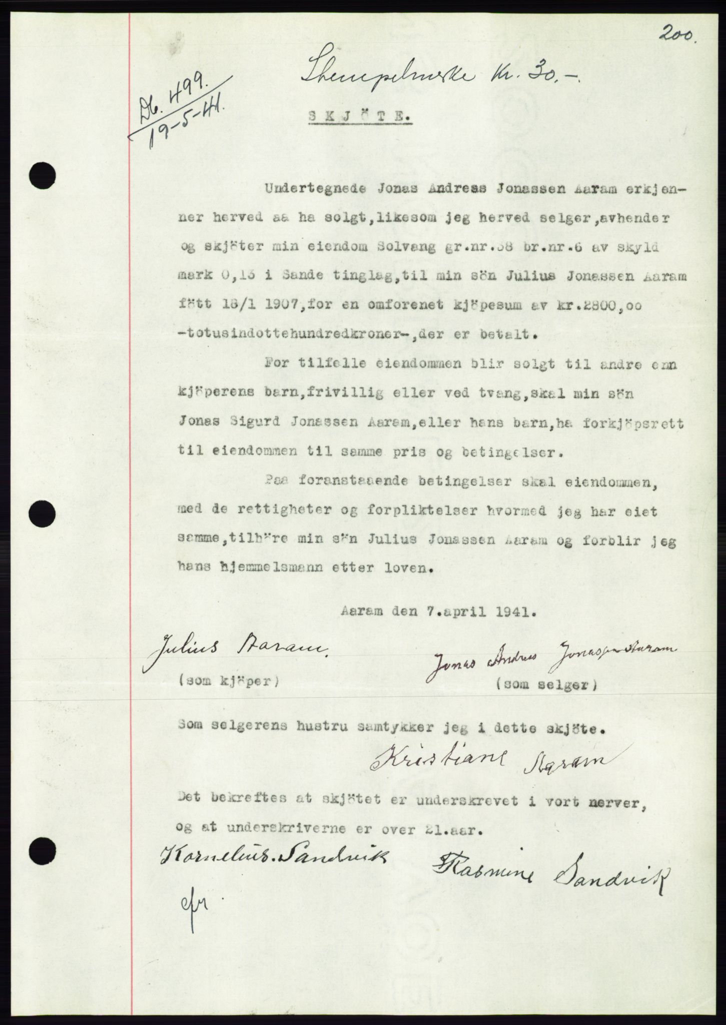 Søre Sunnmøre sorenskriveri, AV/SAT-A-4122/1/2/2C/L0071: Pantebok nr. 65, 1941-1941, Dagboknr: 499/1941