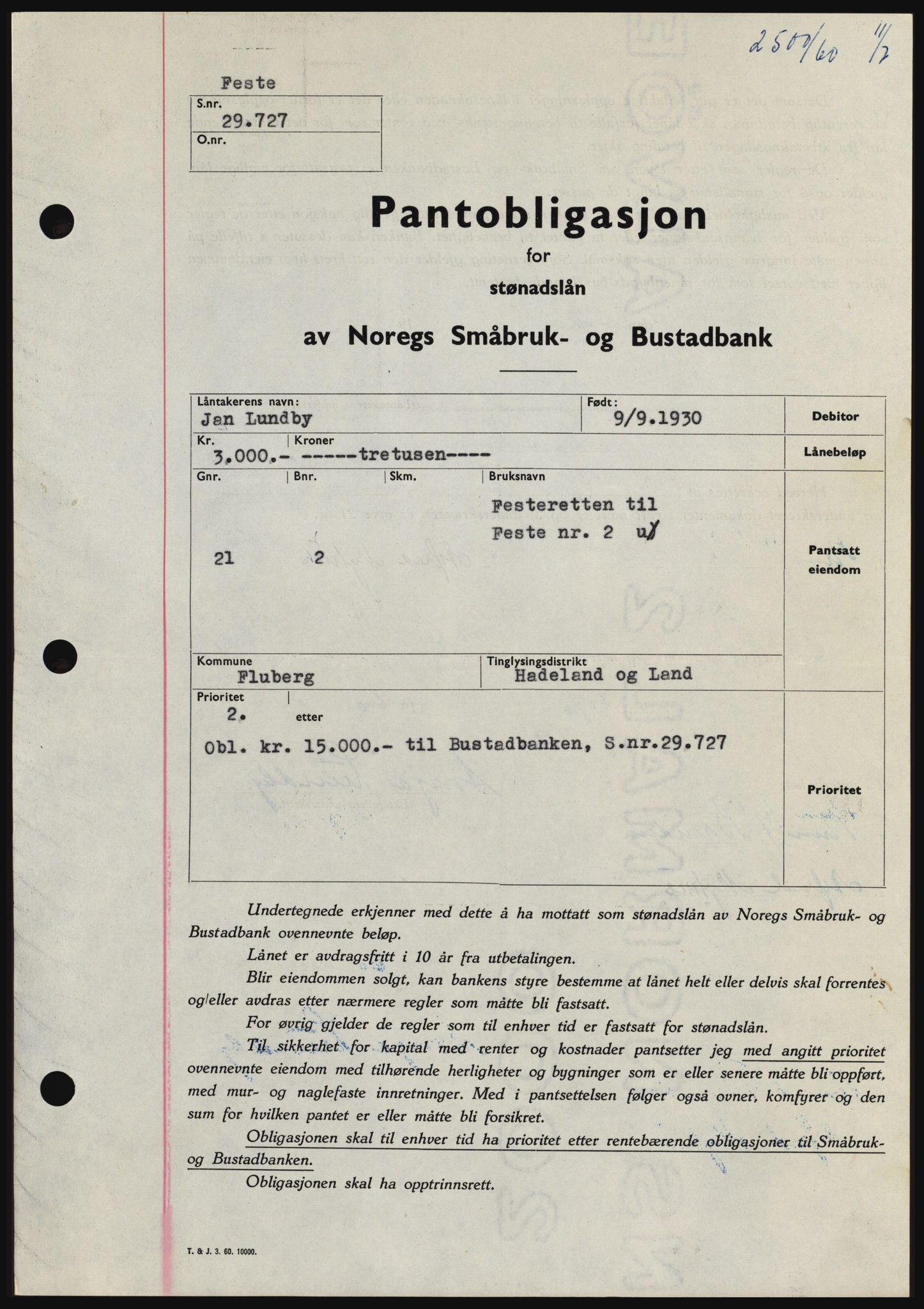 Hadeland og Land tingrett, SAH/TING-010/H/Hb/Hbc/L0043: Pantebok nr. B43, 1960-1960, Dagboknr: 2500/1960