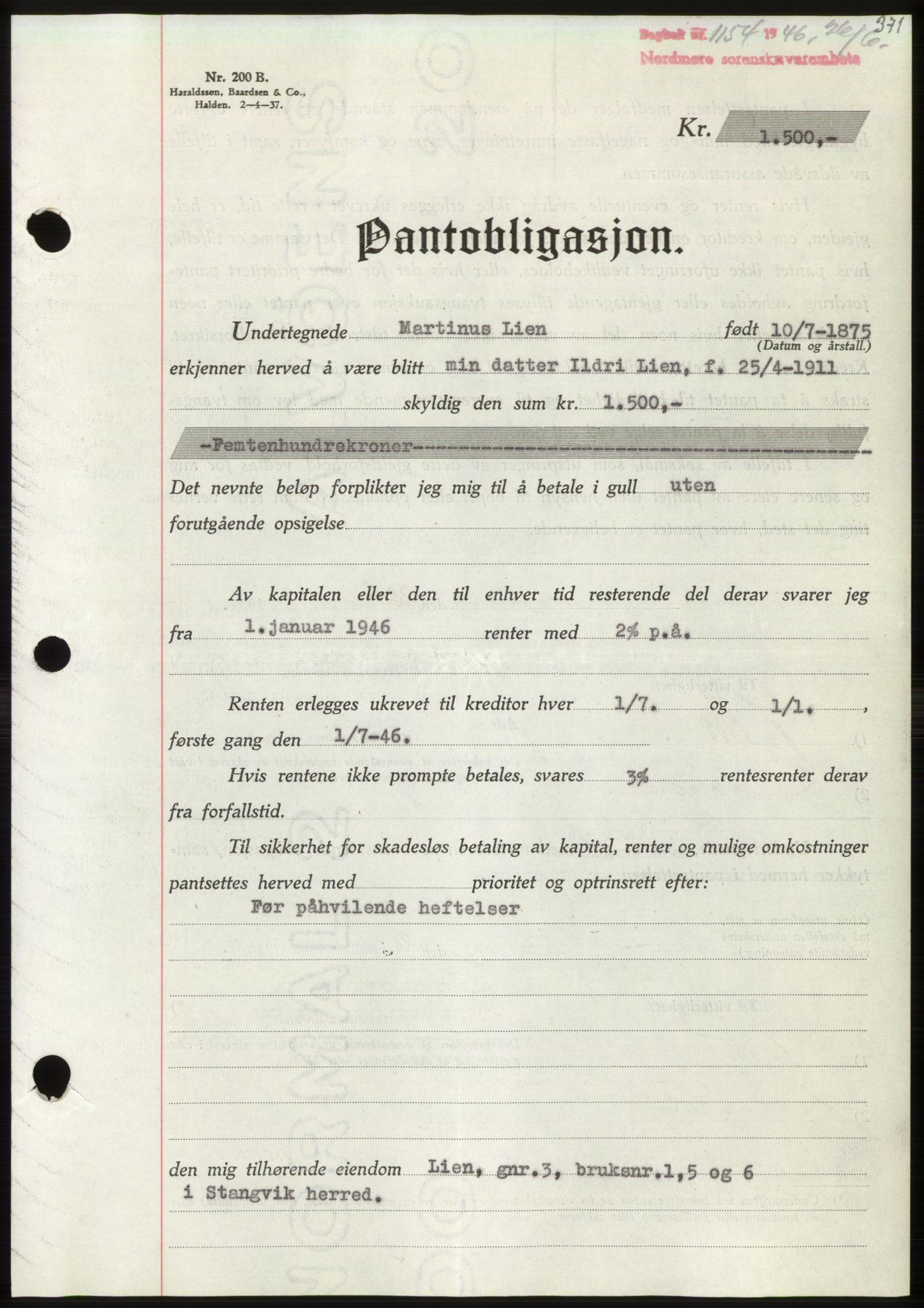 Nordmøre sorenskriveri, SAT/A-4132/1/2/2Ca: Pantebok nr. B94, 1946-1946, Dagboknr: 1154/1946