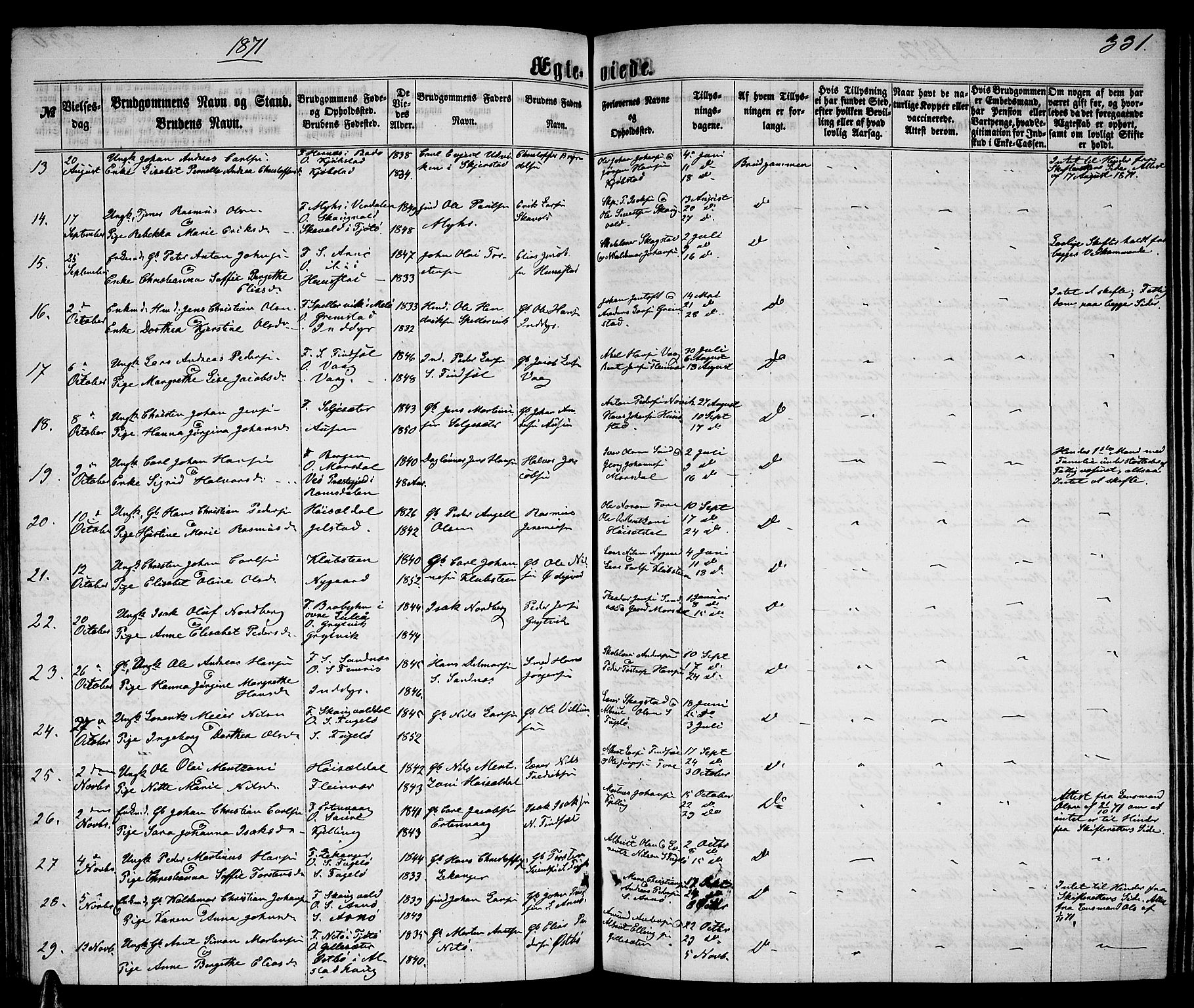 Ministerialprotokoller, klokkerbøker og fødselsregistre - Nordland, AV/SAT-A-1459/805/L0107: Klokkerbok nr. 805C03, 1862-1885, s. 331