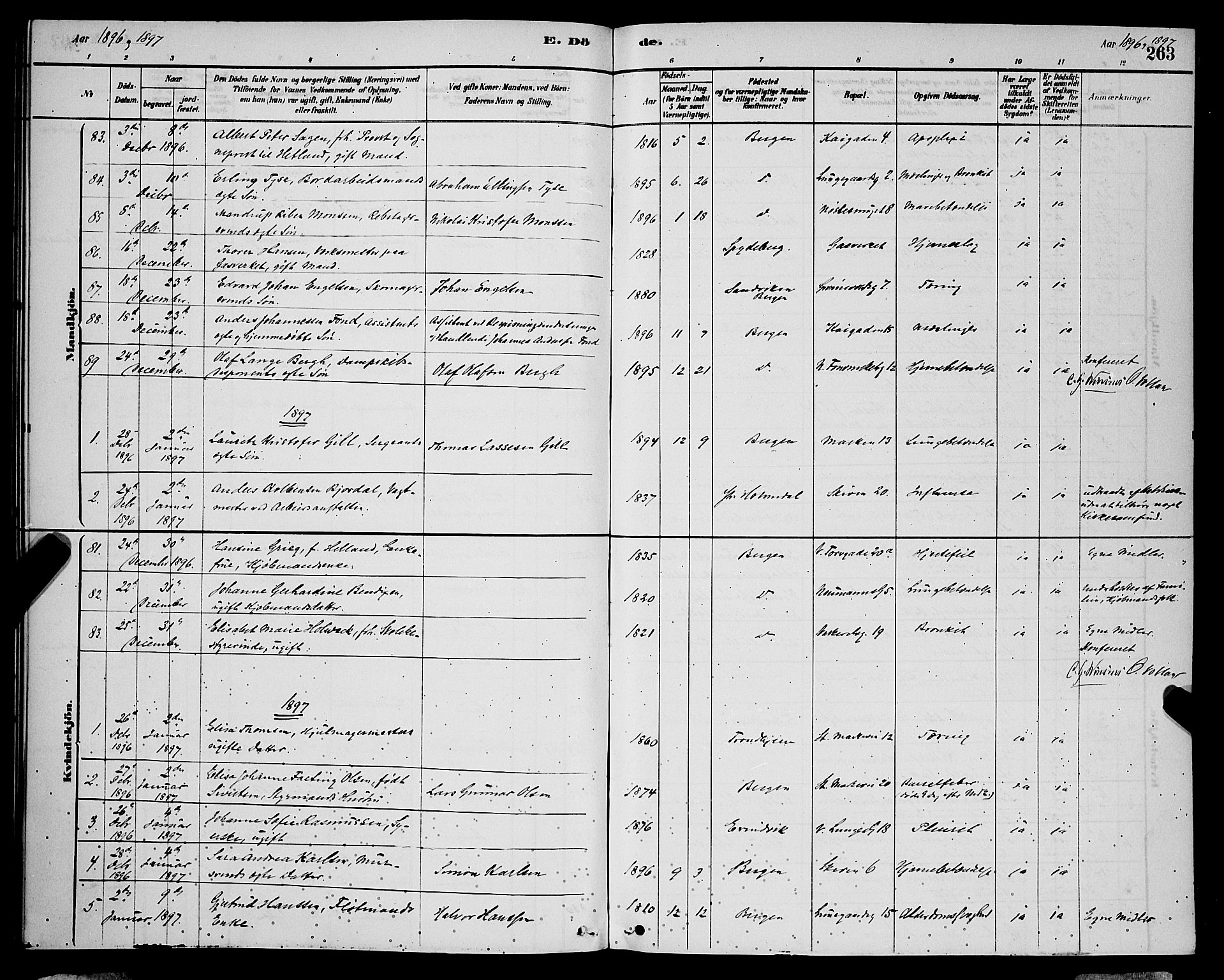 Domkirken sokneprestembete, AV/SAB-A-74801/H/Hab/L0041: Klokkerbok nr. E 5, 1878-1900, s. 263
