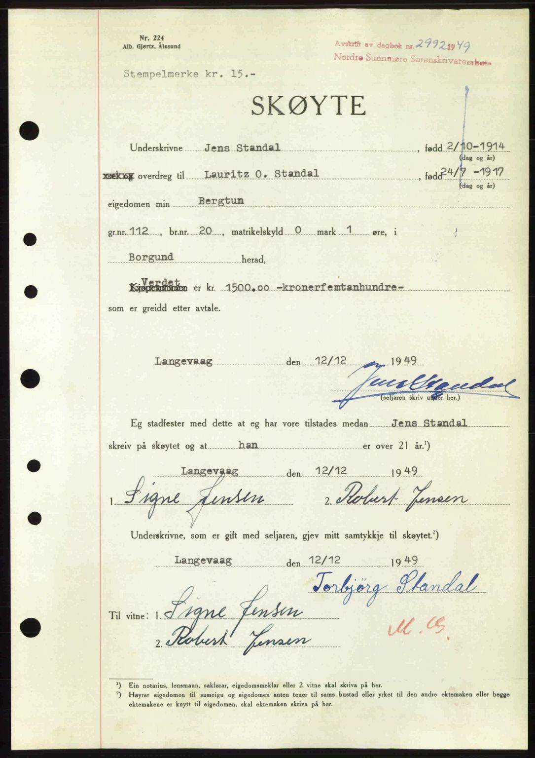 Nordre Sunnmøre sorenskriveri, AV/SAT-A-0006/1/2/2C/2Ca: Pantebok nr. A33, 1949-1950, Dagboknr: 2992/1949