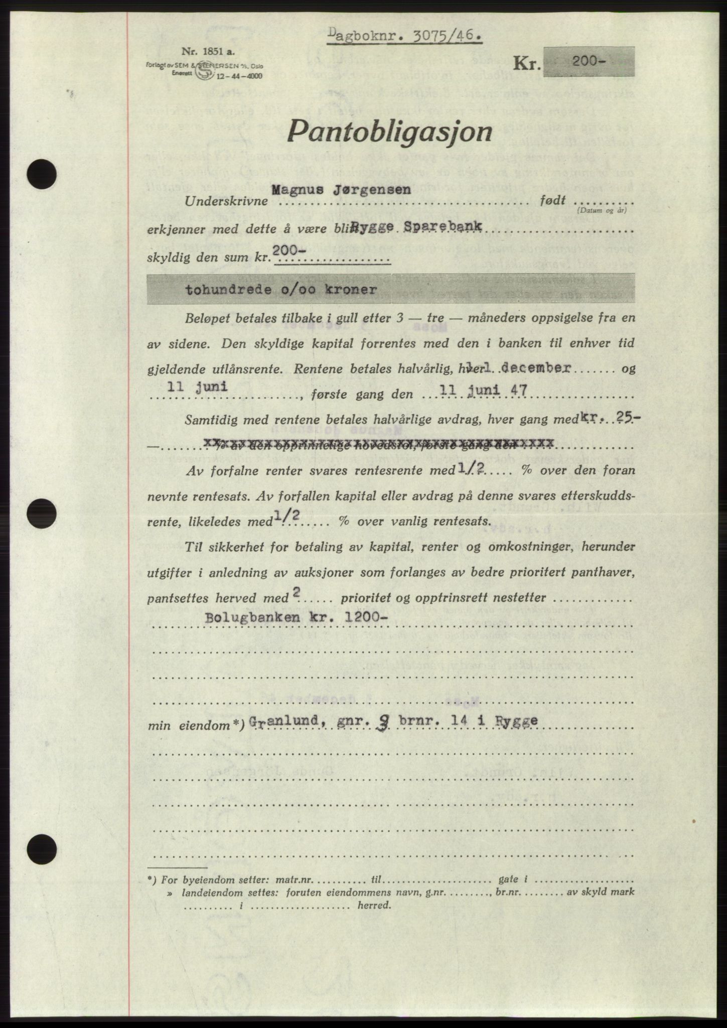 Moss sorenskriveri, SAO/A-10168: Pantebok nr. B16, 1946-1947, Dagboknr: 3075/1946