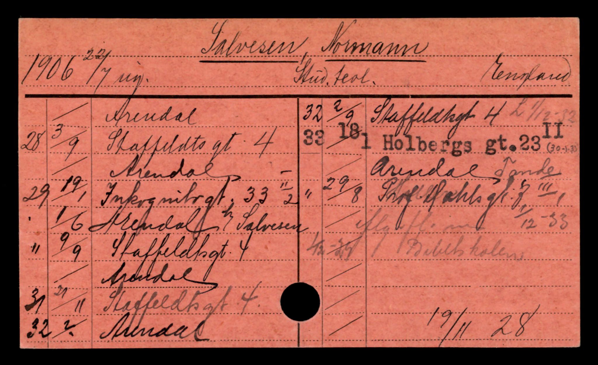 Oslo folkeregister, Registerkort, AV/SAO-A-11715/D/Da/L0082: Menn: Salvesen Leif - Skifjeld Herman, 1906-1919