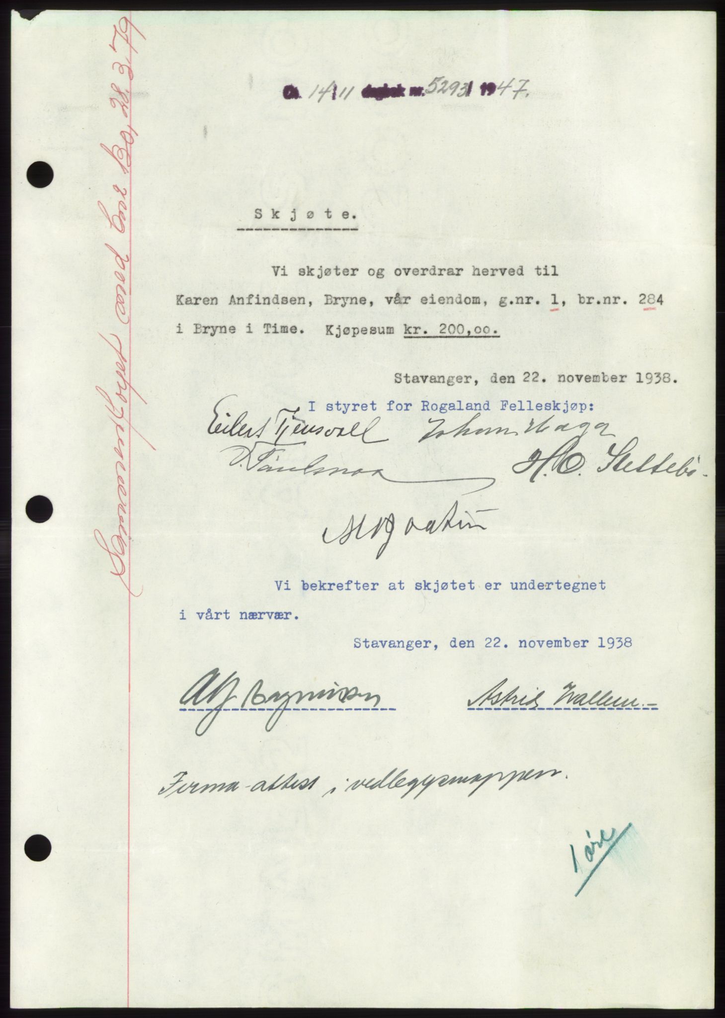 Jæren sorenskriveri, SAST/A-100310/03/G/Gba/L0096: Pantebok, 1947-1947, Dagboknr: 5293/1947