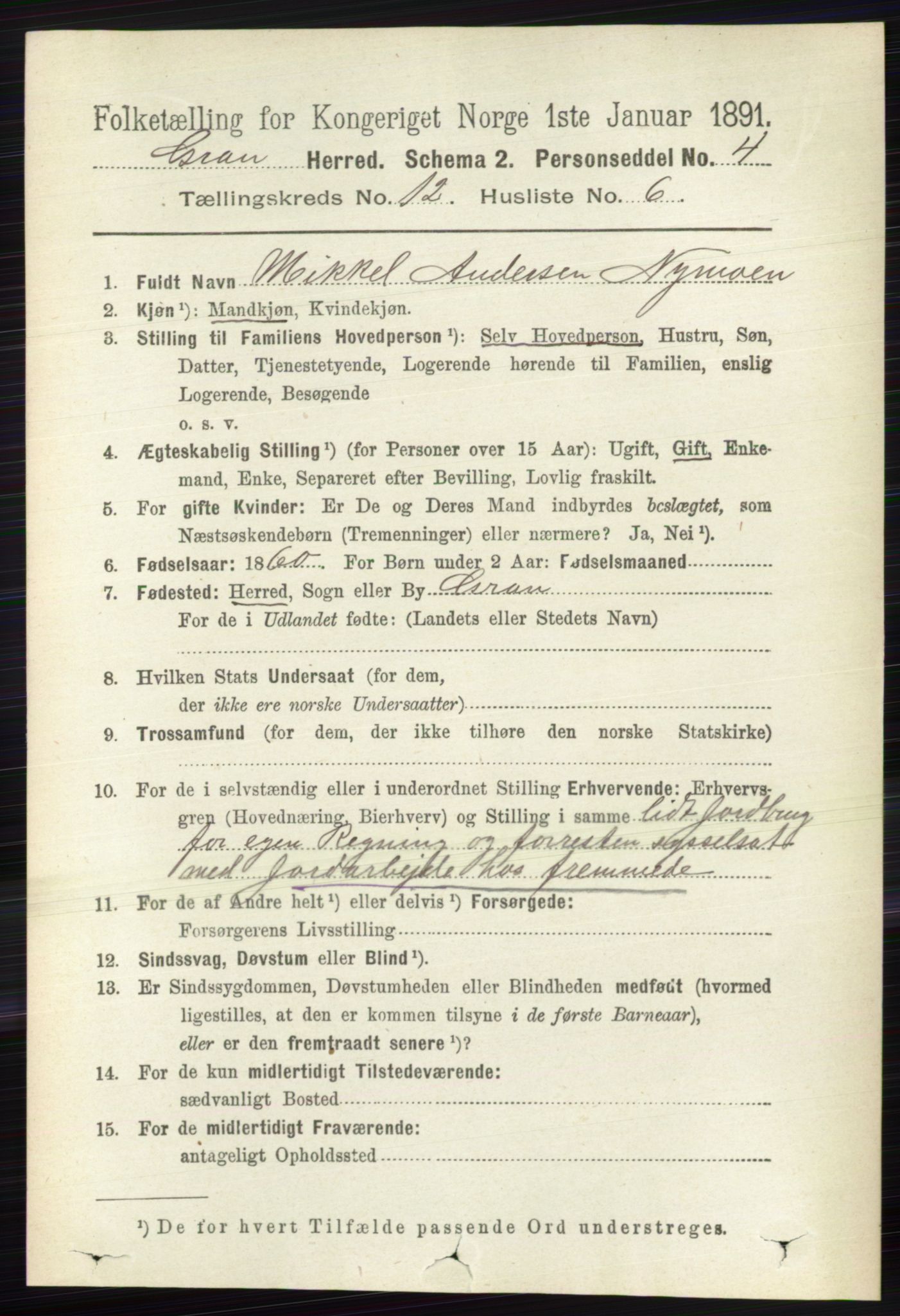 RA, Folketelling 1891 for 0534 Gran herred, 1891, s. 6222