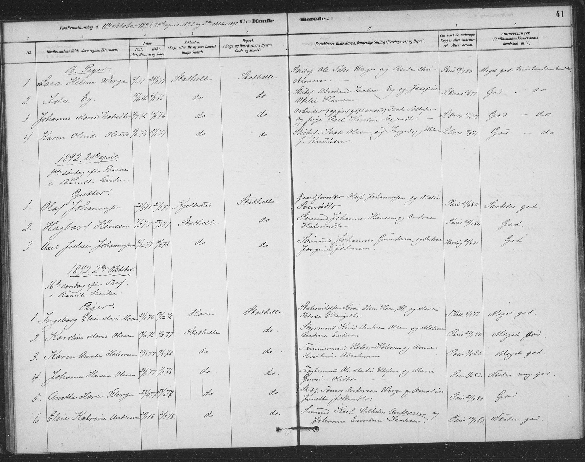 Bamble kirkebøker, AV/SAKO-A-253/F/Fb/L0001: Ministerialbok nr. II 1, 1878-1899, s. 41