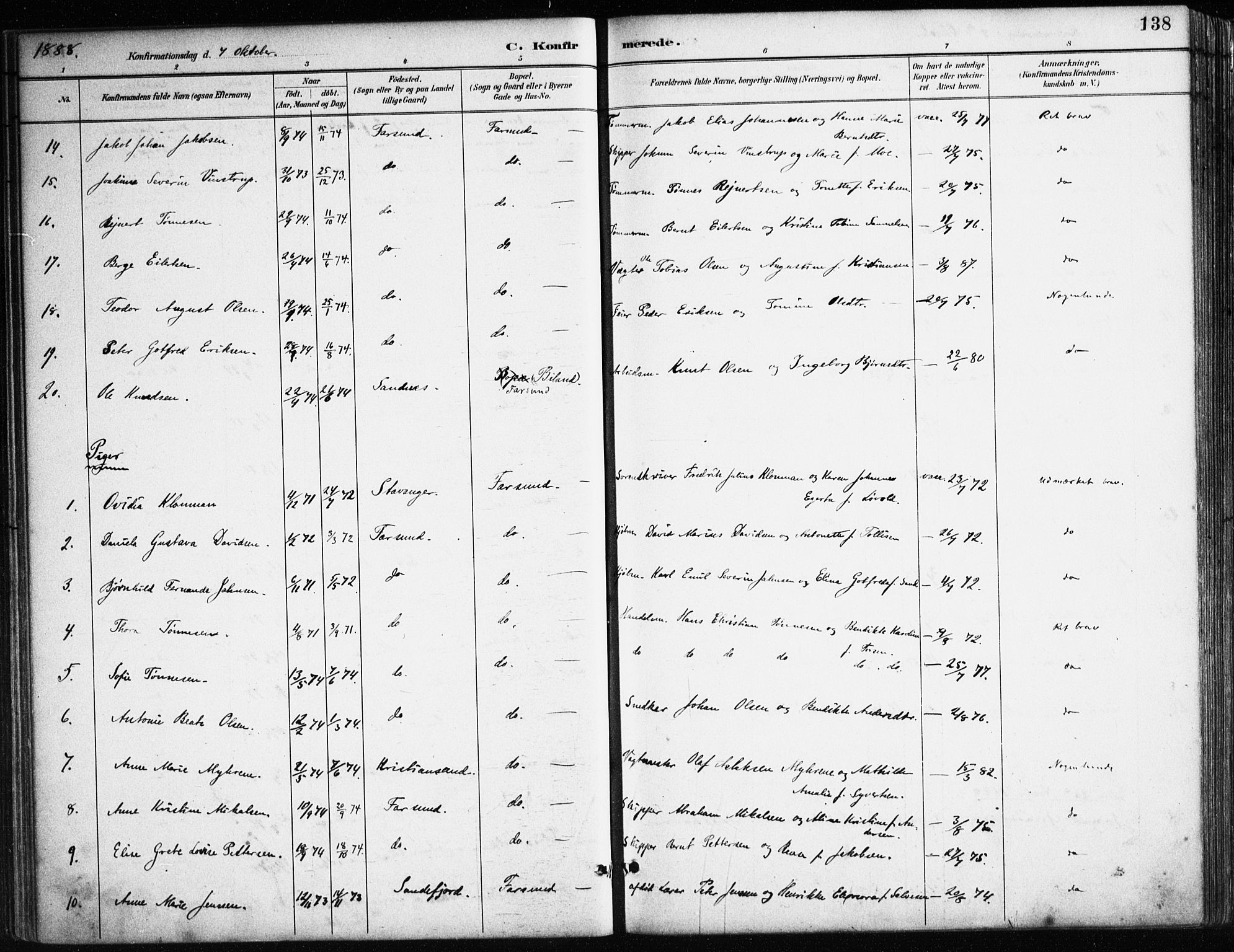 Farsund sokneprestkontor, AV/SAK-1111-0009/F/Fa/L0006: Ministerialbok nr. A 6, 1887-1920, s. 138