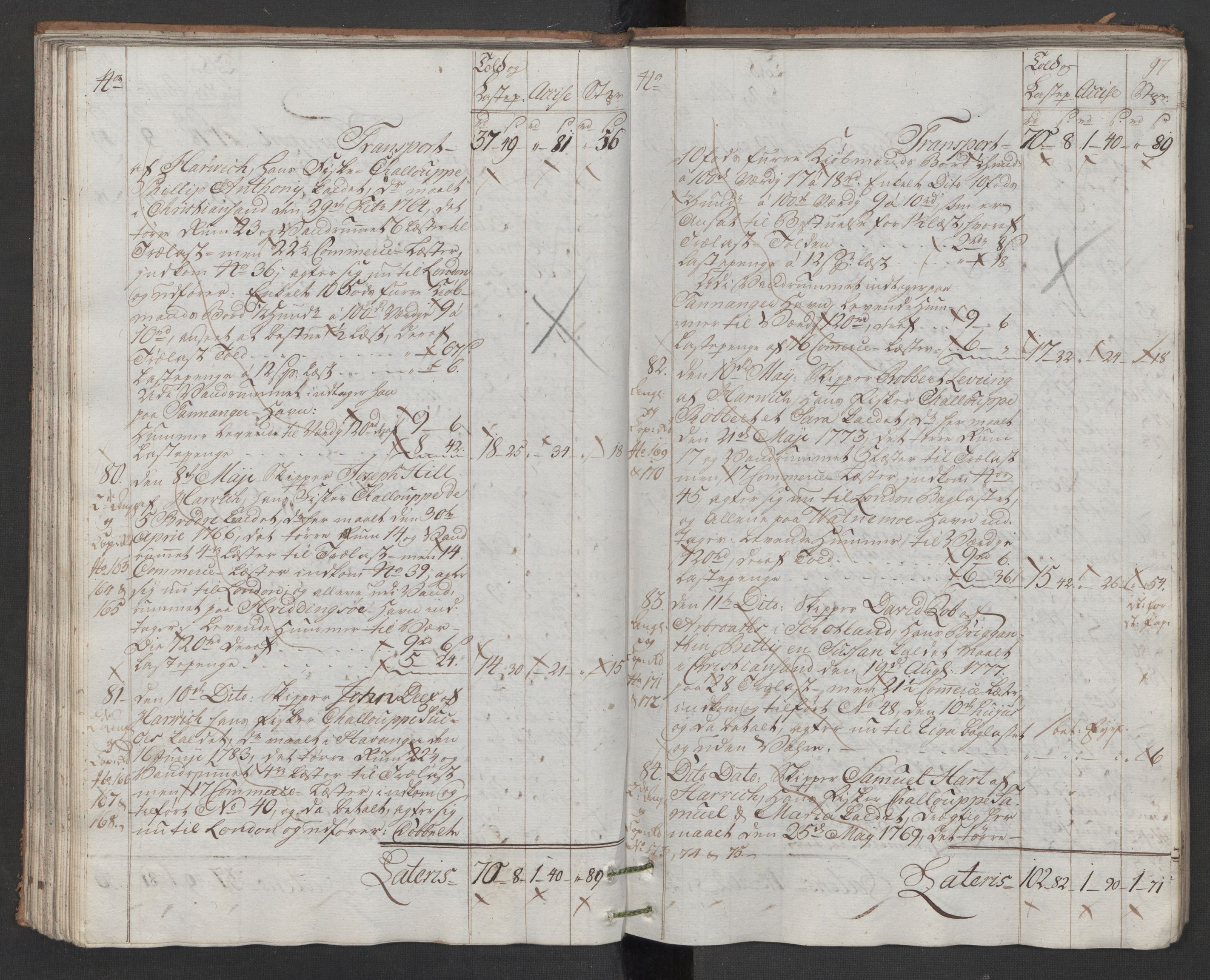 Generaltollkammeret, tollregnskaper, AV/RA-EA-5490/R22/L0048/0001: Tollregnskaper Stavanger / Hovedtollbok, 1786, s. 96b-97a