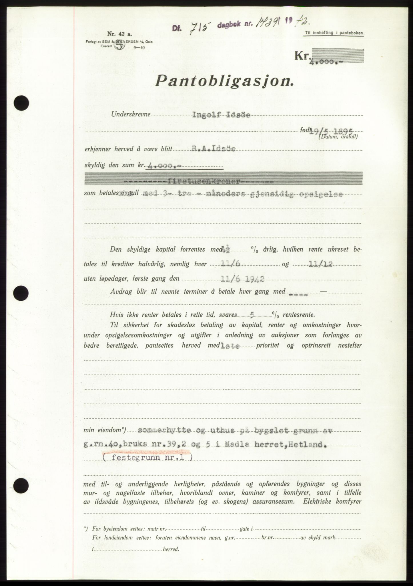 Jæren sorenskriveri, SAST/A-100310/03/G/Gba/L0082: Pantebok, 1942-1942, Dagboknr: 1439/1942