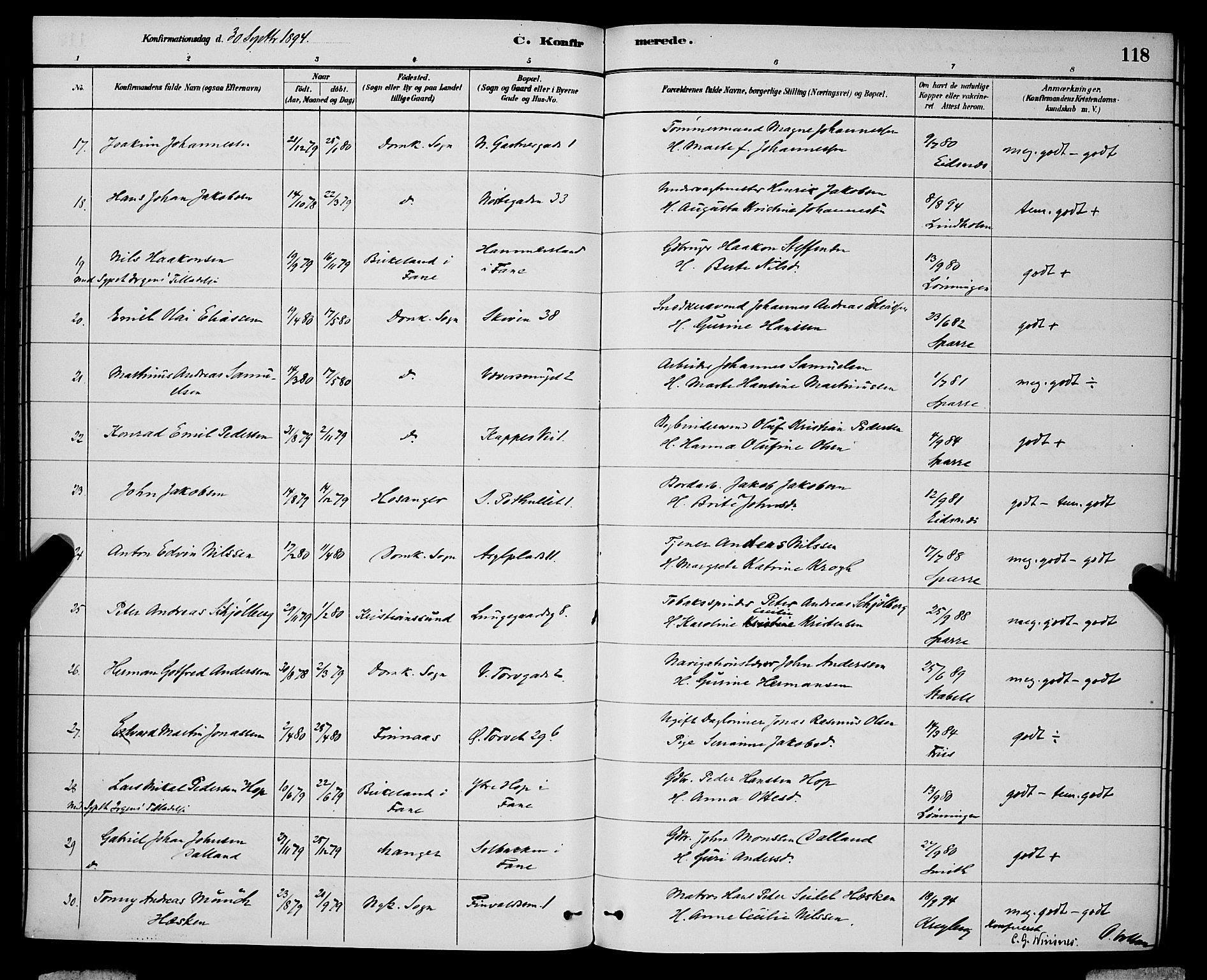 Domkirken sokneprestembete, AV/SAB-A-74801/H/Hab/L0024: Klokkerbok nr. C 4, 1880-1899, s. 118
