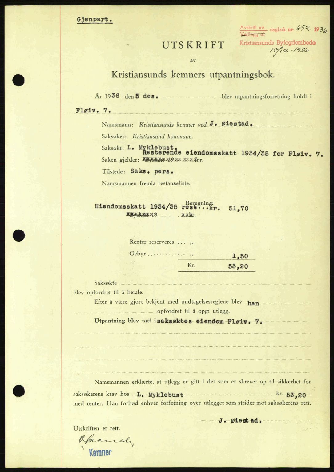 Kristiansund byfogd, SAT/A-4587/A/27: Pantebok nr. 29, 1936-1937, Dagboknr: 692/1936