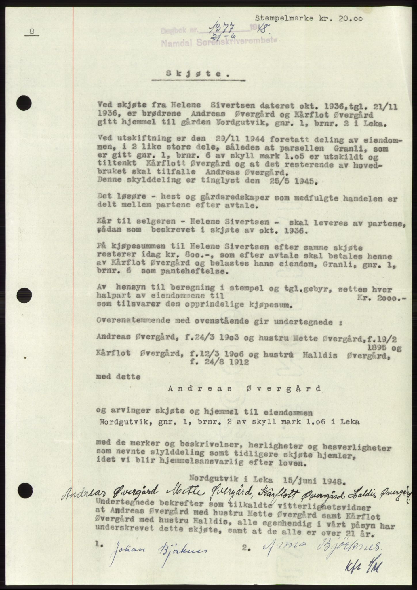 Namdal sorenskriveri, SAT/A-4133/1/2/2C: Pantebok nr. -, 1948-1948, Dagboknr: 1377/1948