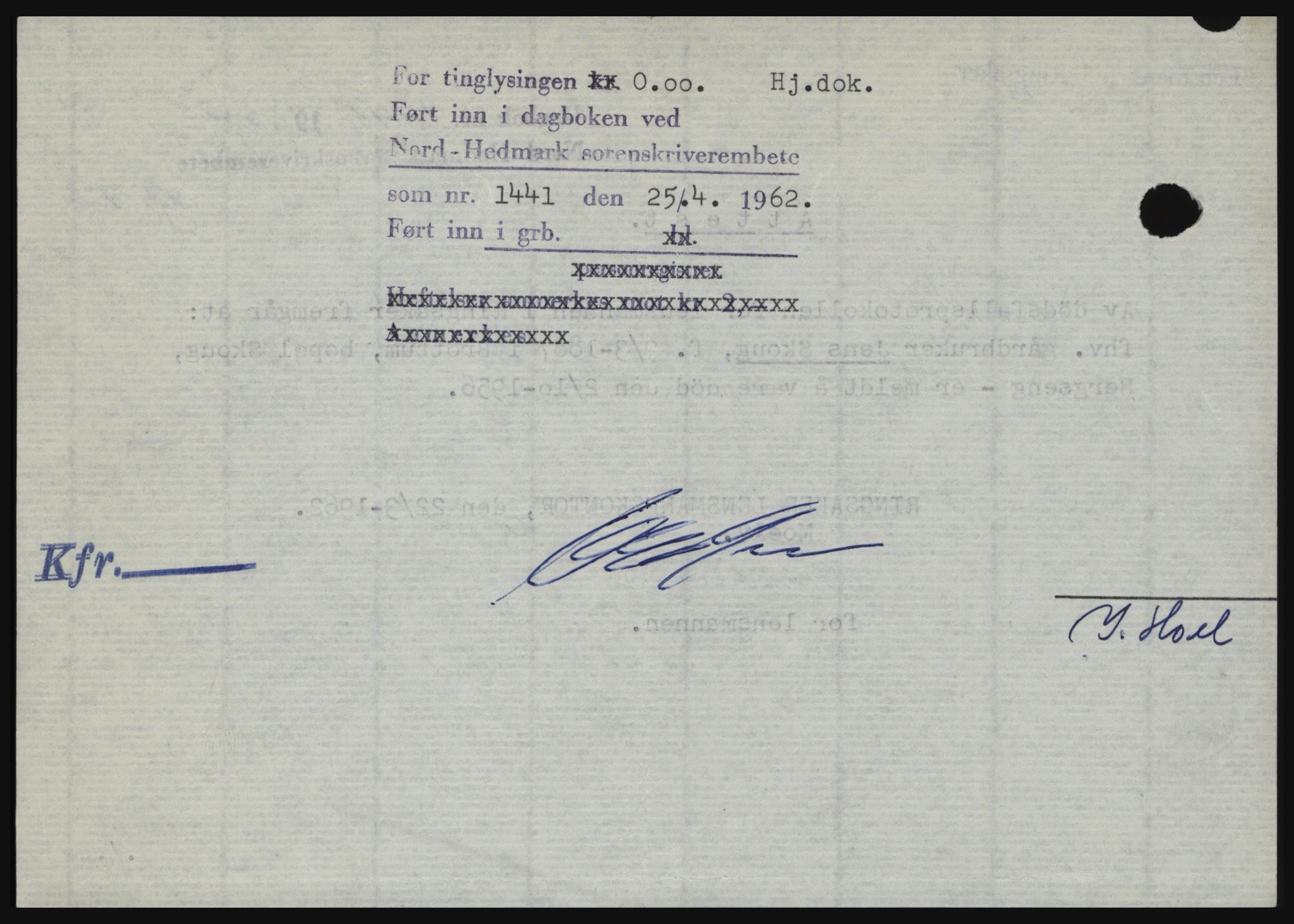 Nord-Hedmark sorenskriveri, AV/SAH-TING-012/H/Hc/L0016: Pantebok nr. 16, 1962-1962, Dagboknr: 1441/1962